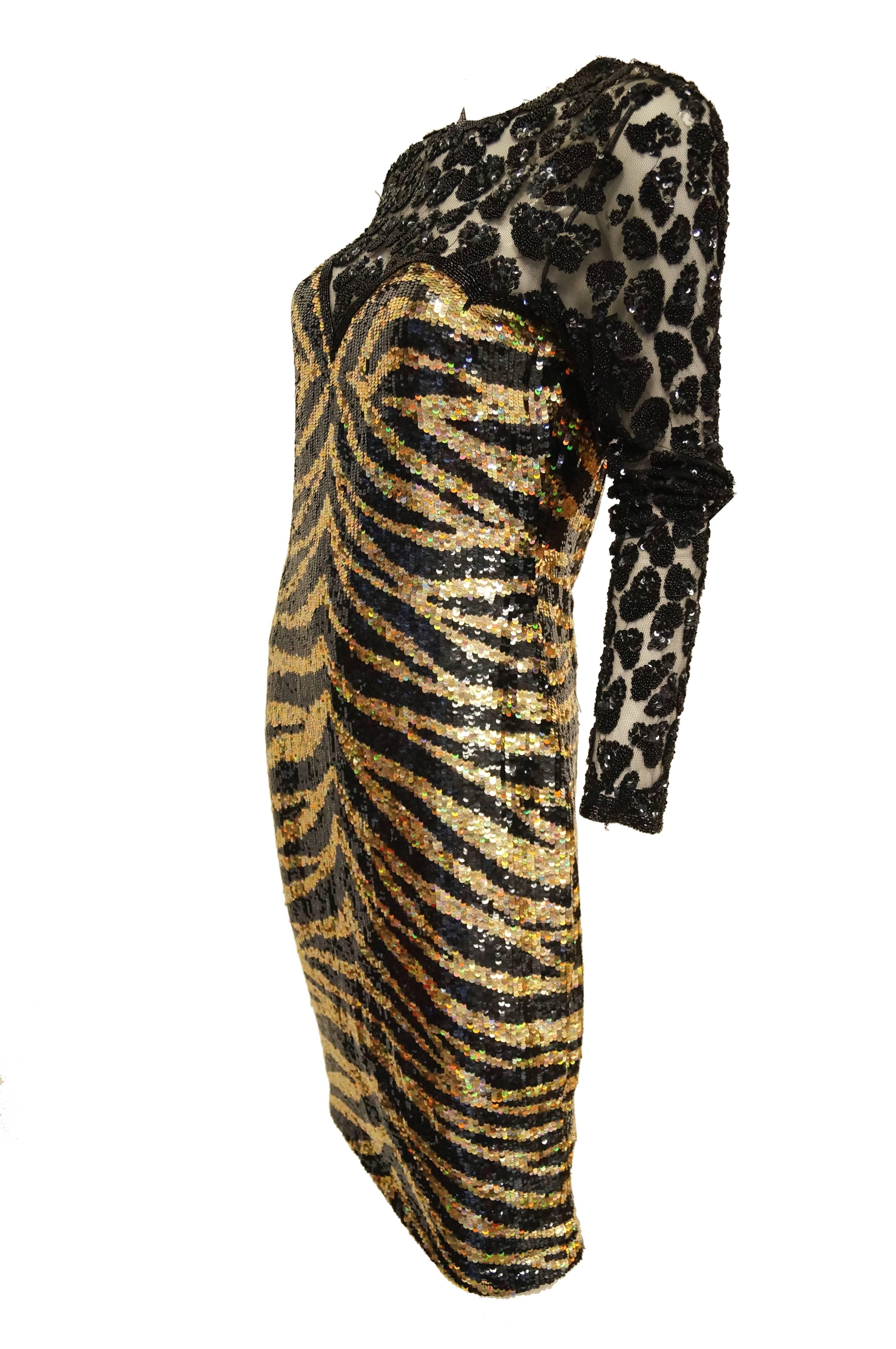 Naeem Khan Black and Gold Tiger and Cheetah Sequin Silk Dress, 1980s  In Excellent Condition In Houston, TX