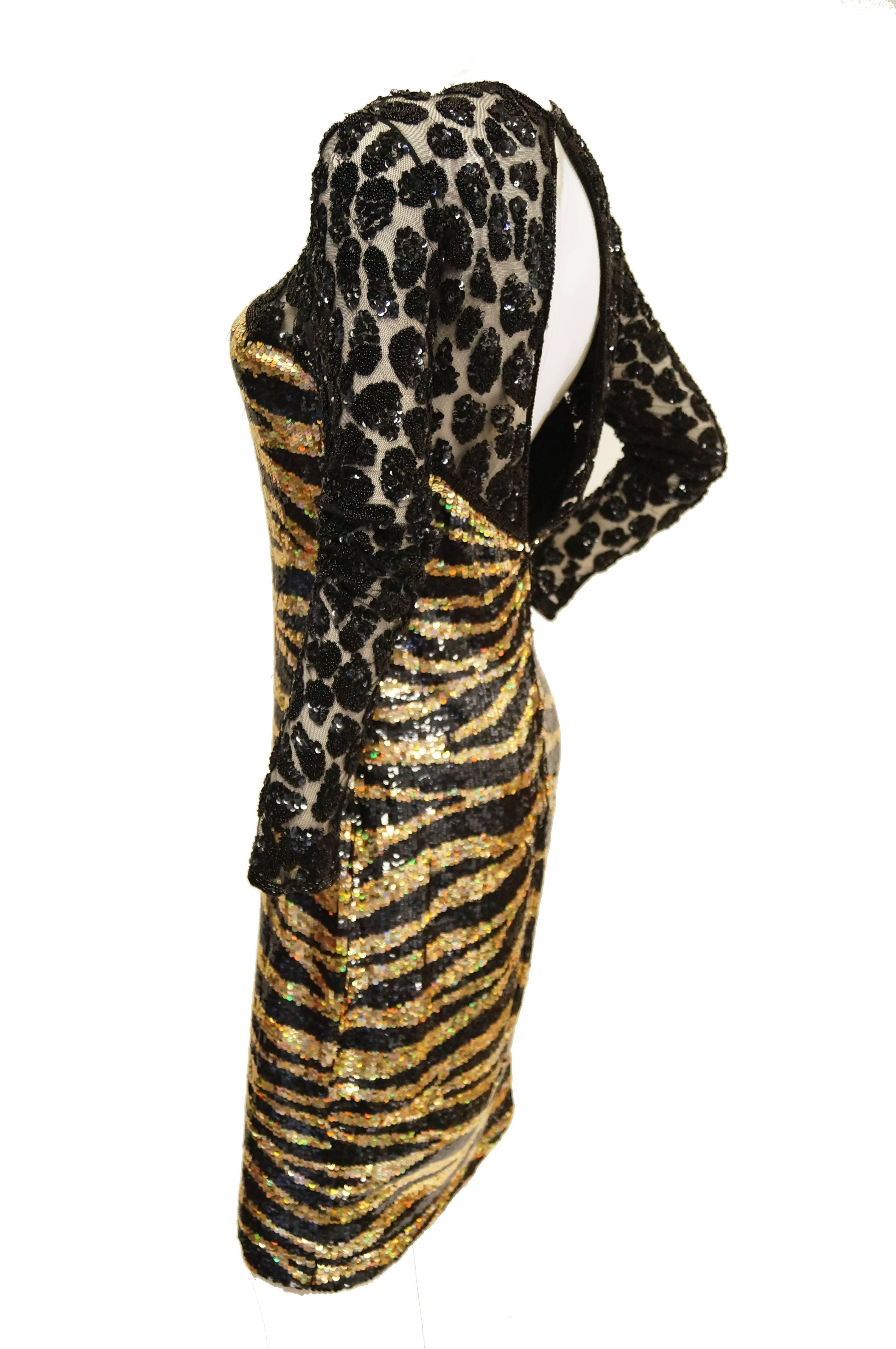 Women's Naeem Khan Black and Gold Tiger and Cheetah Sequin Silk Dress, 1980s 