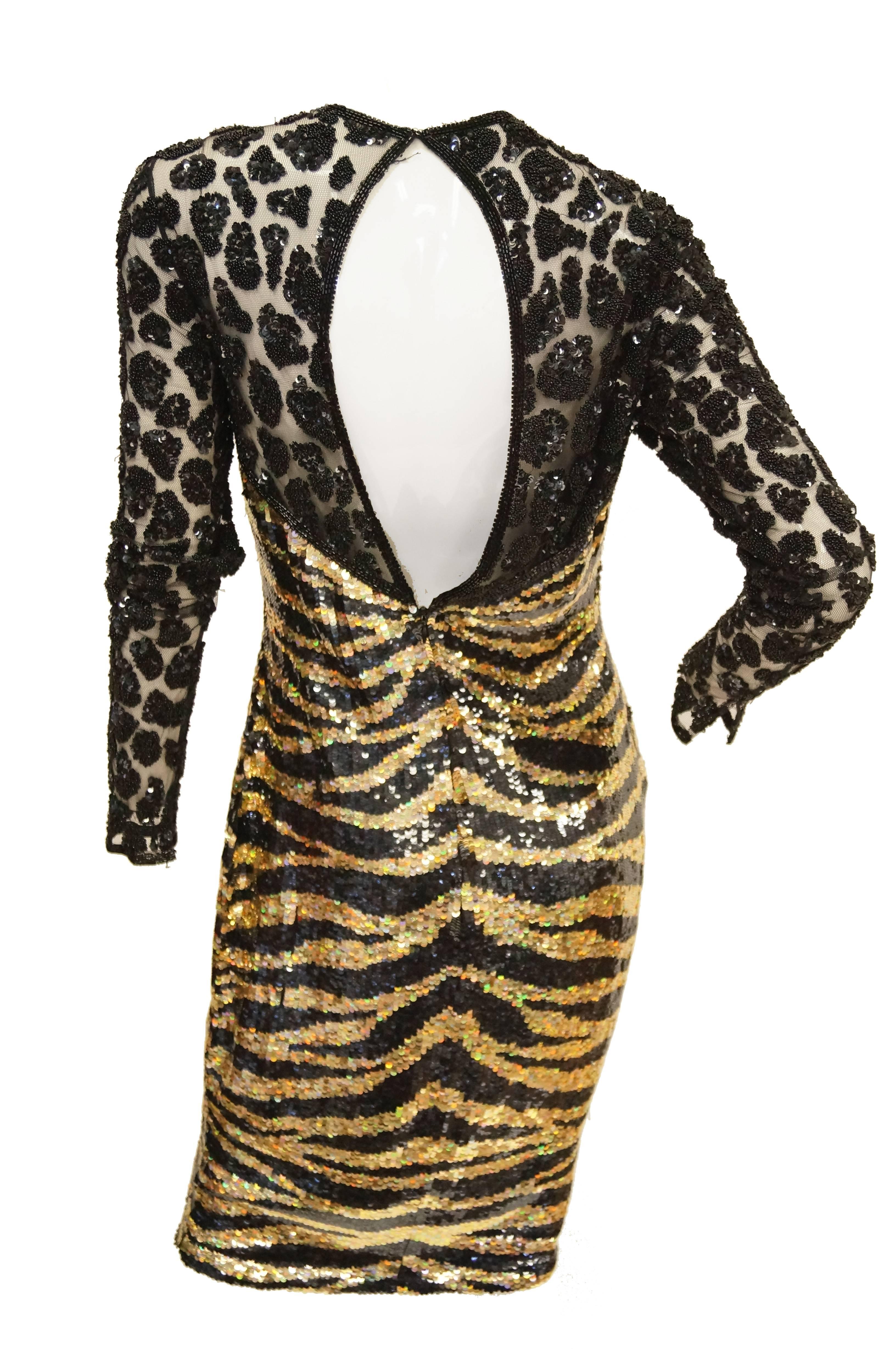 Naeem Khan Black and Gold Tiger and Cheetah Sequin Silk Dress, 1980s  1