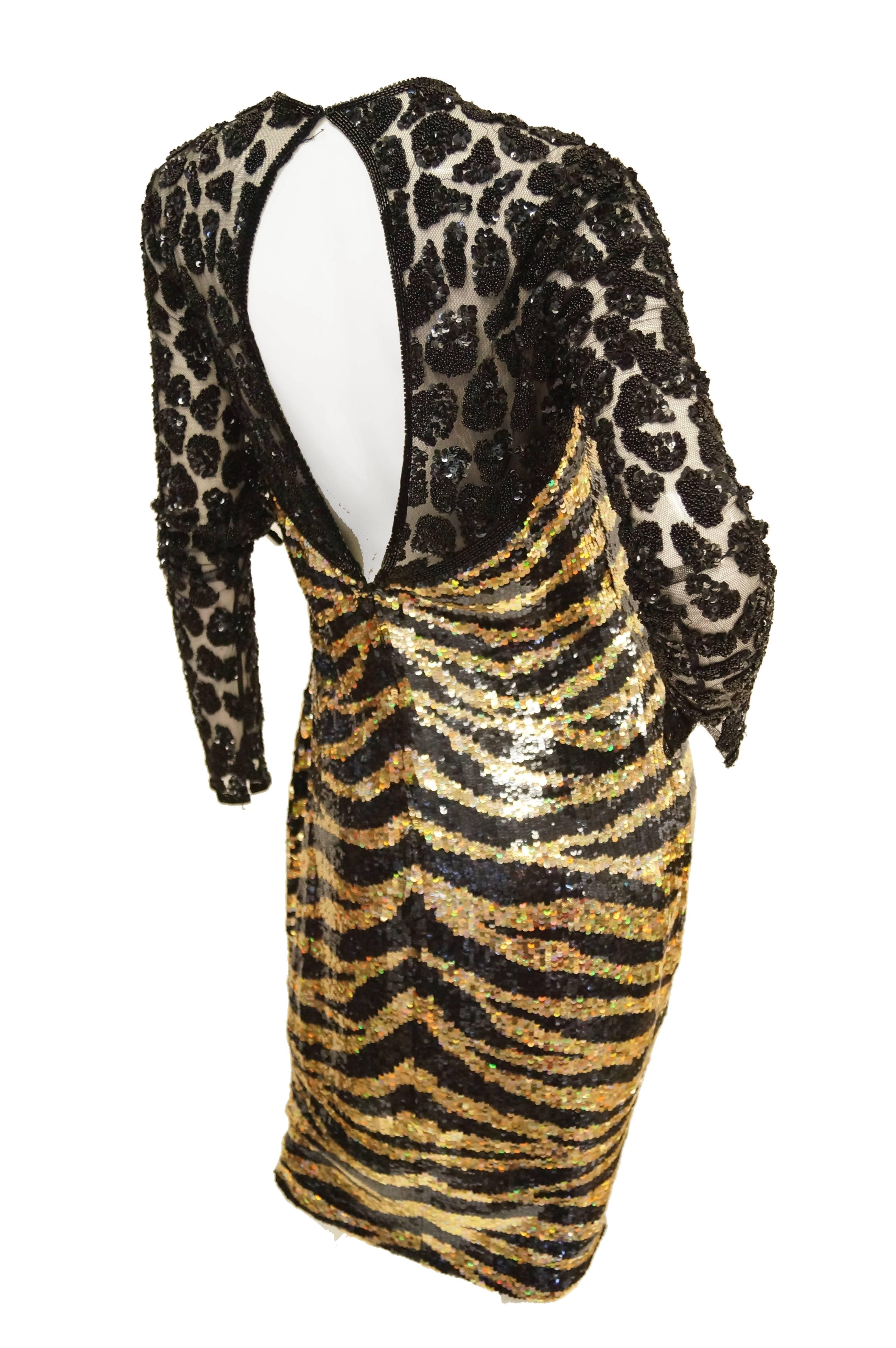 Naeem Khan Black and Gold Tiger and Cheetah Sequin Silk Dress, 1980s  2