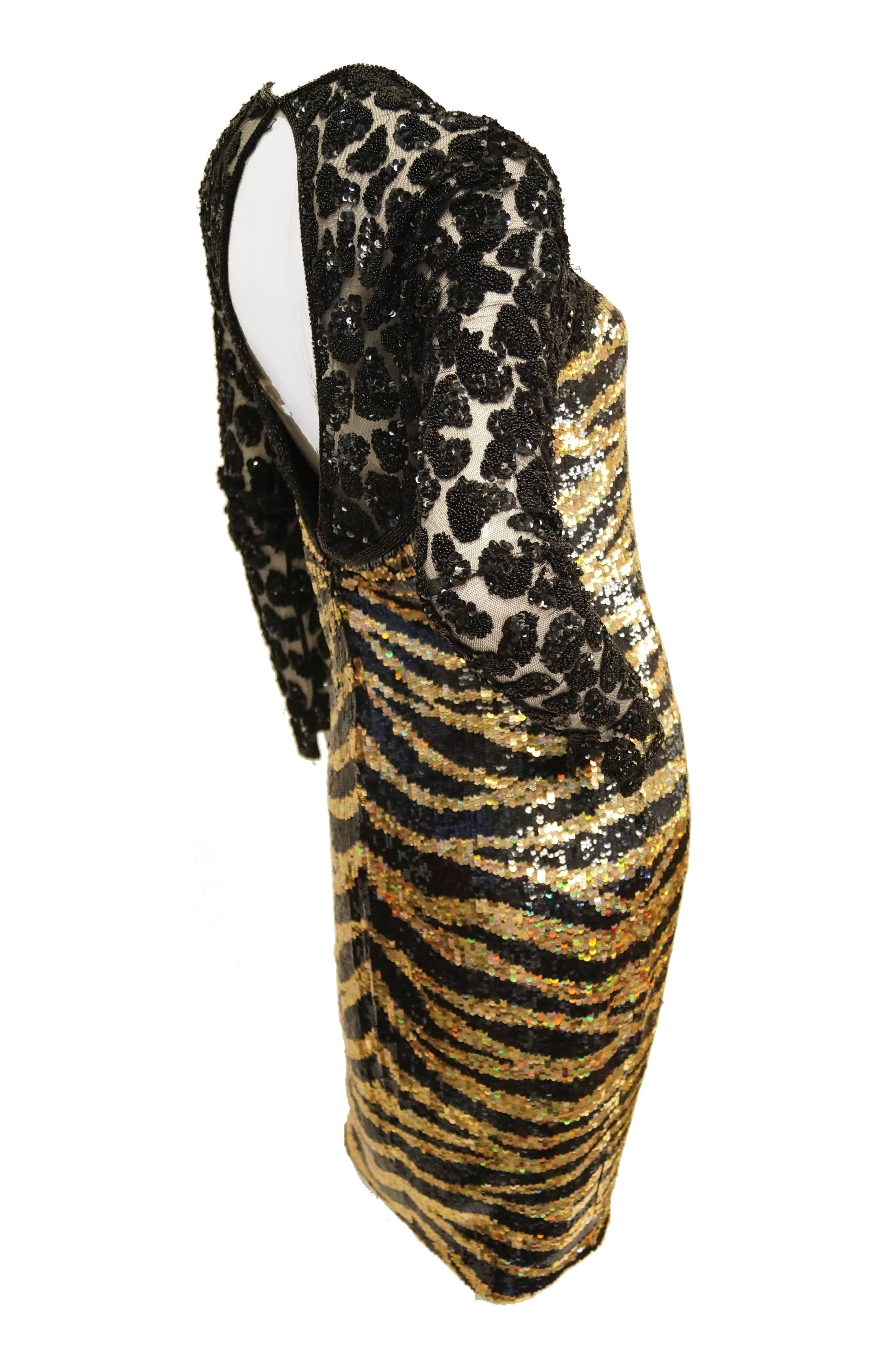 Naeem Khan Black and Gold Tiger and Cheetah Sequin Silk Dress, 1980s  3