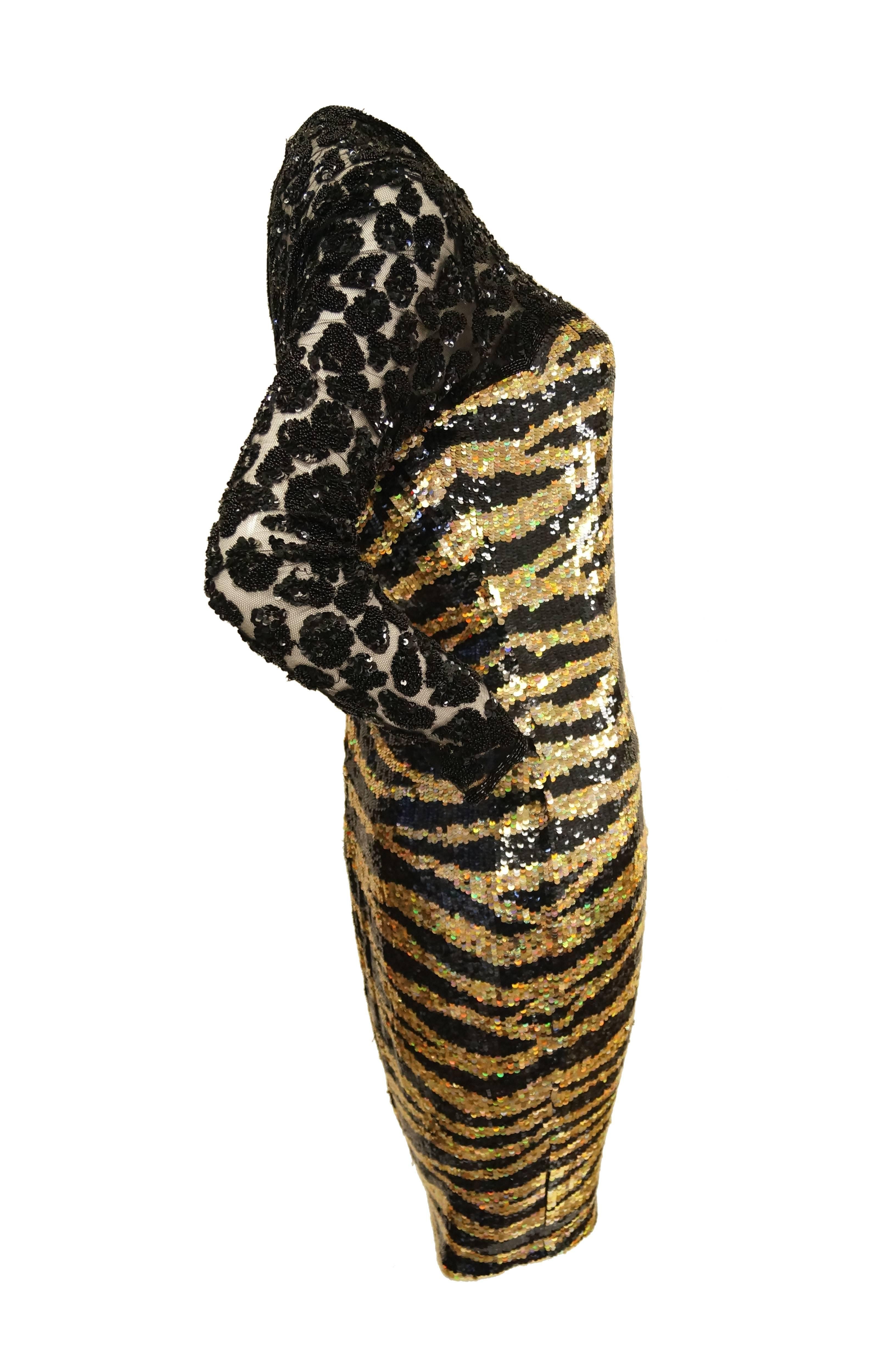 Naeem Khan Black and Gold Tiger and Cheetah Sequin Silk Dress, 1980s  4