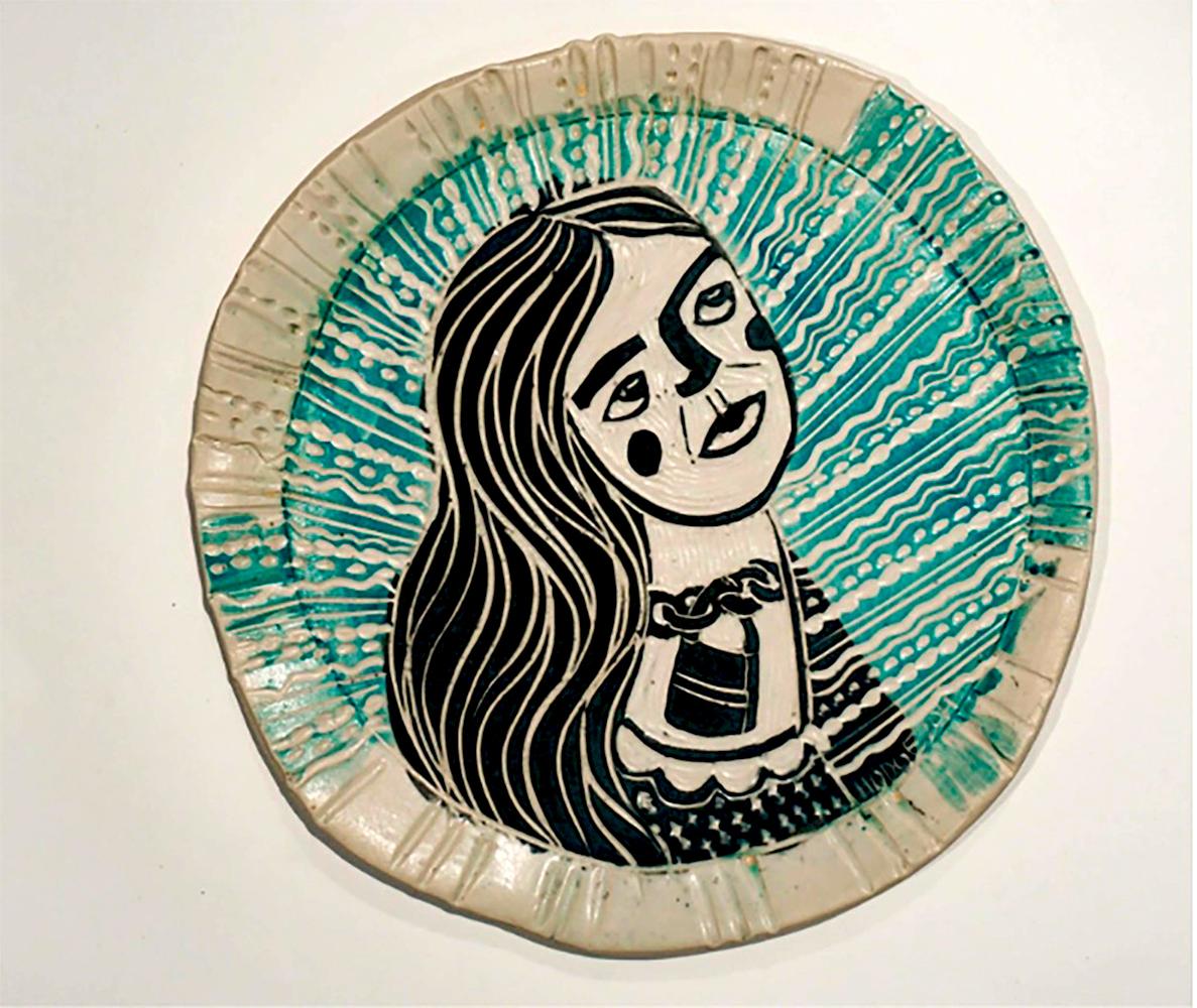 Lock and Key Portrait, 2019 by Alex Hodge
Hand carved porcelain plate 
Height: 10.5 in x Diameter: 10.5 in
Unique

Her poetic porcelain plates examine and reimagine the history of art in a way that values women, not only in body, but in wholeness,