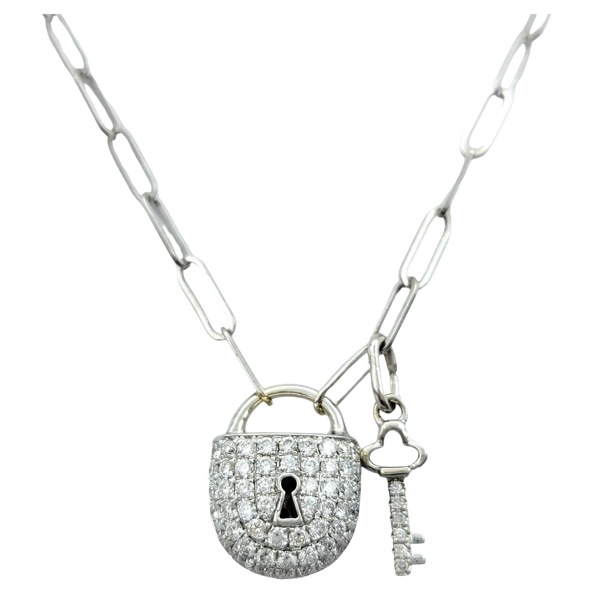 Lock and Key Round Pave Diamond Charm Necklace Set in 18 Karat White Gold For Sale 4