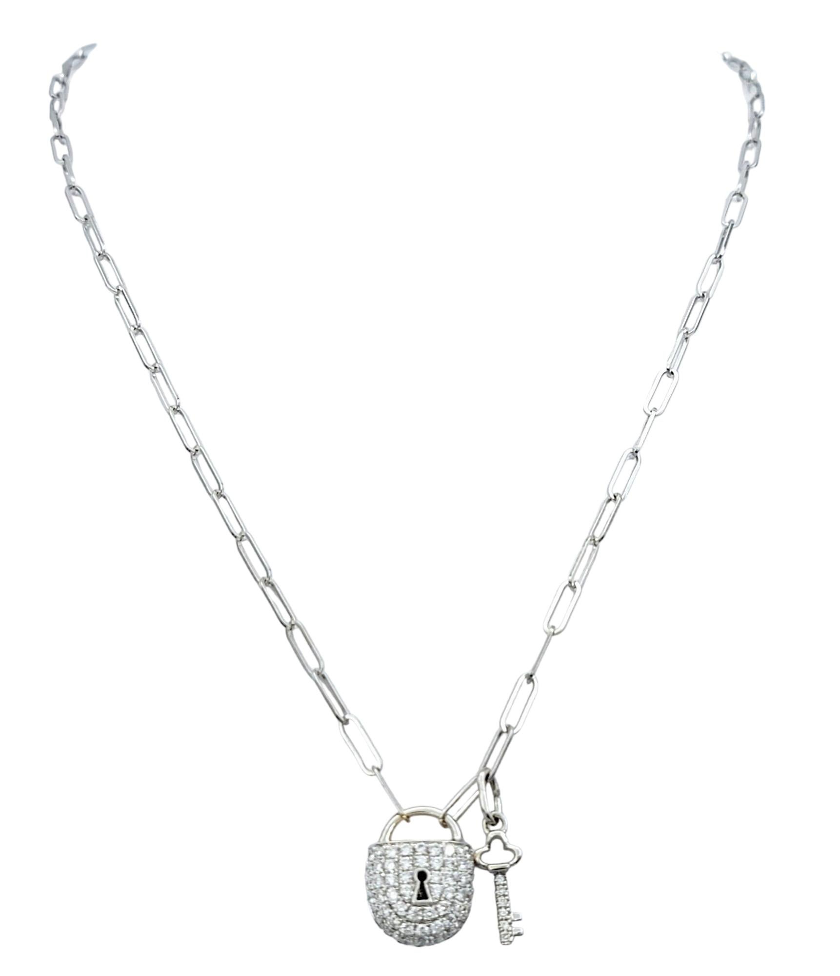 Contemporary Lock and Key Round Pave Diamond Charm Necklace Set in 18 Karat White Gold For Sale