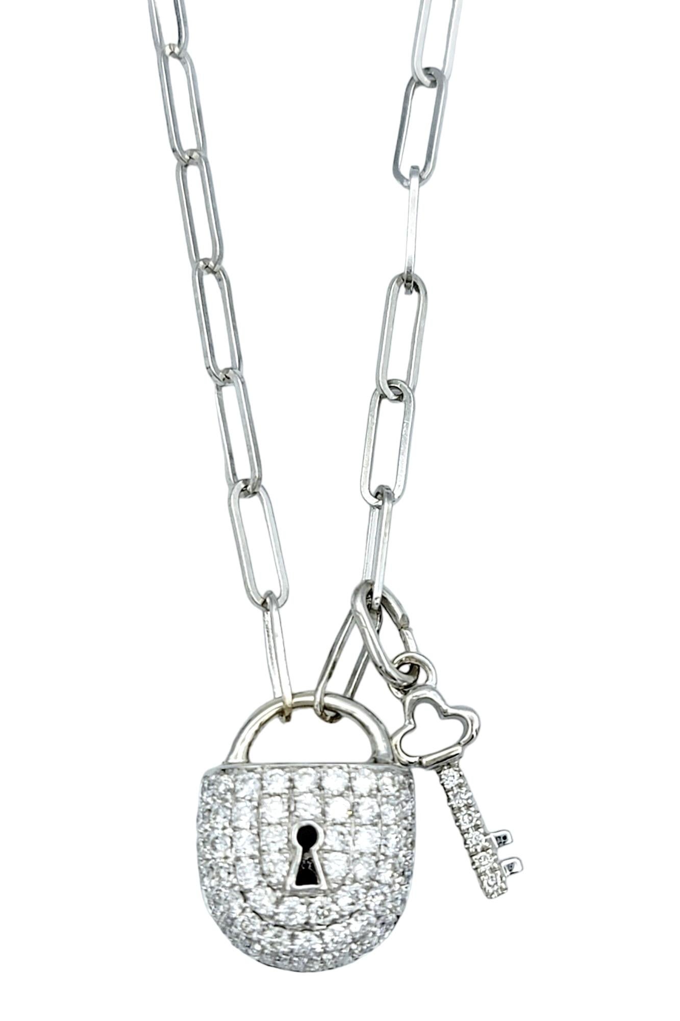 Round Cut Lock and Key Round Pave Diamond Charm Necklace Set in 18 Karat White Gold For Sale