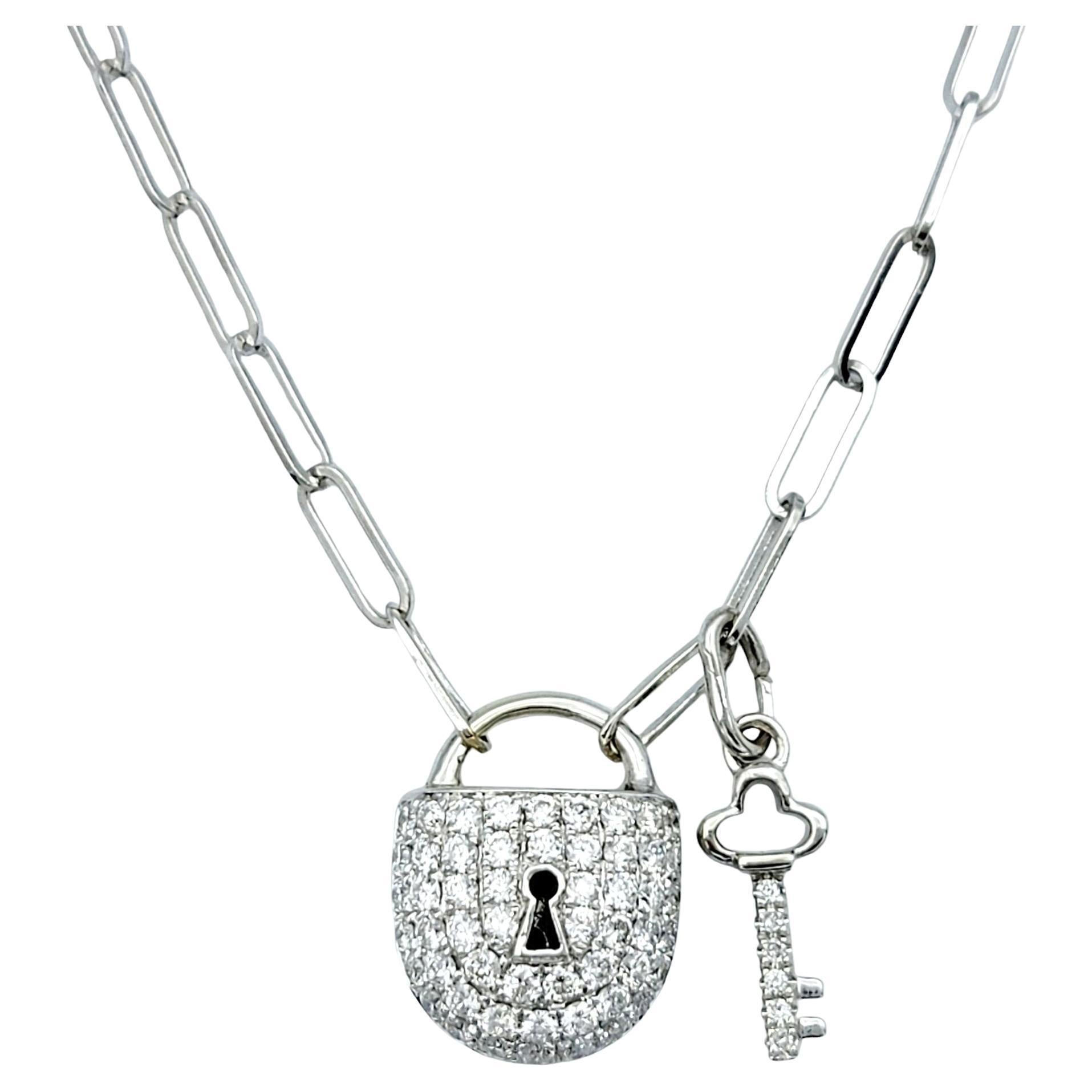 Lock and Key Round Pave Diamond Charm Necklace Set in 18 Karat White Gold For Sale