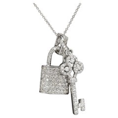 Lock Key Diamond Necklace 14 Karat White Gold Natural Diamonds Key Lock