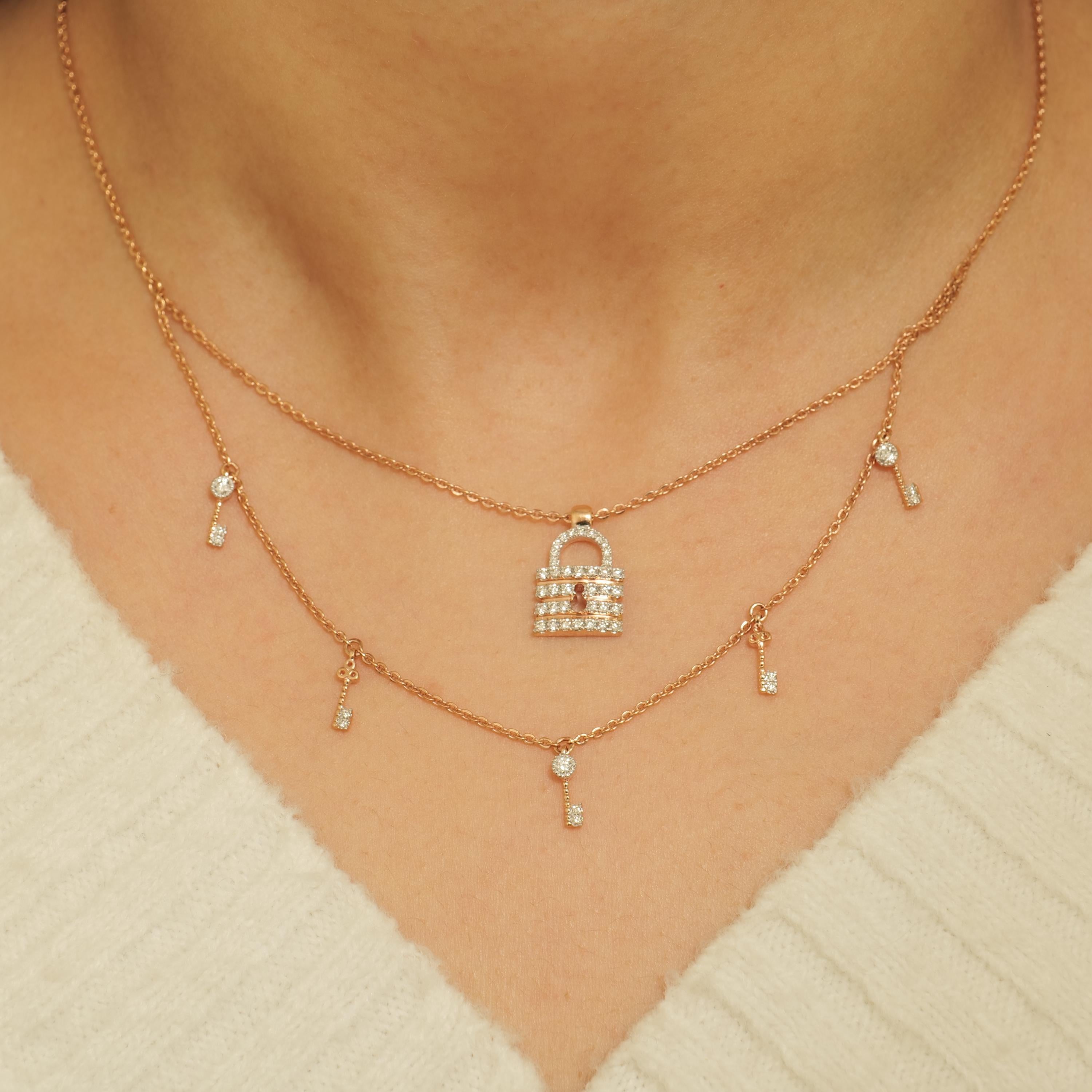 Art Deco Lock & Key Diamond Necklace in 14k Solid Gold (Certified) For Sale