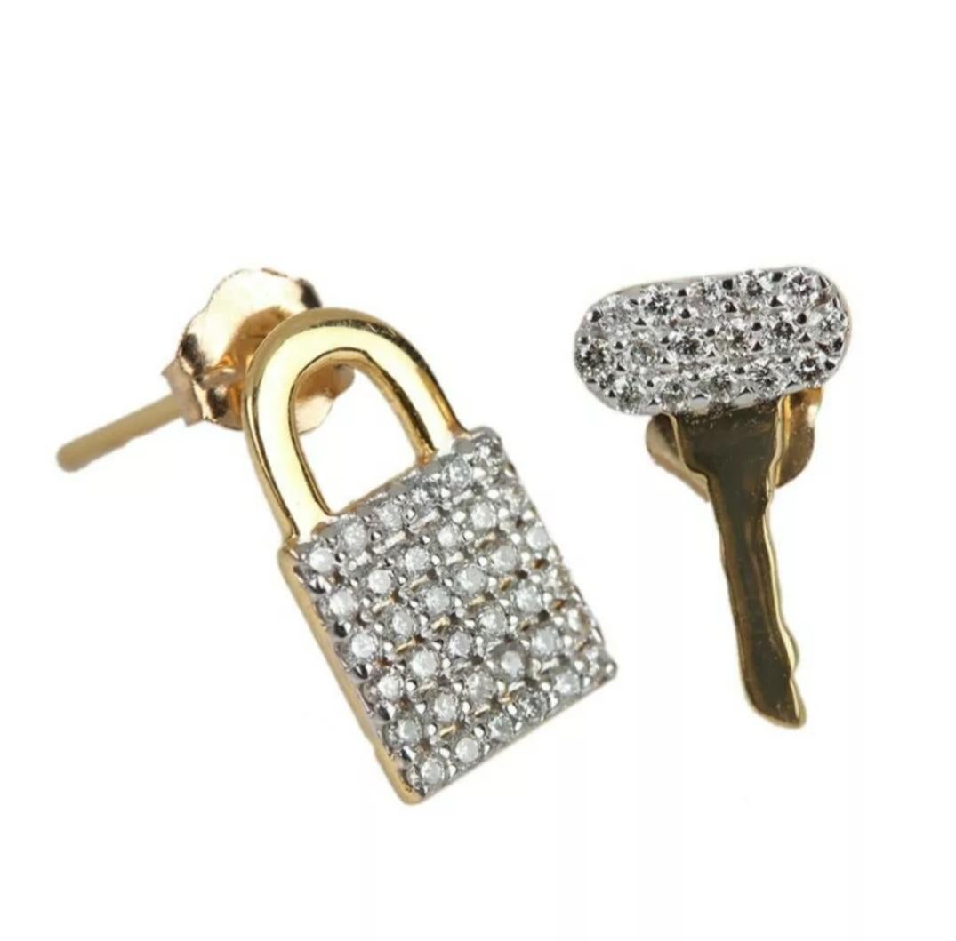 Lock key stud earring 14K yellow gold diamond ear stud fine luxury jewelry gift For Sale 5