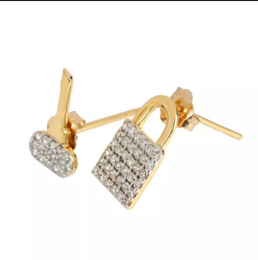 Lock key stud earring 14K yellow gold diamond ear stud fine luxury jewelry gift For Sale 6