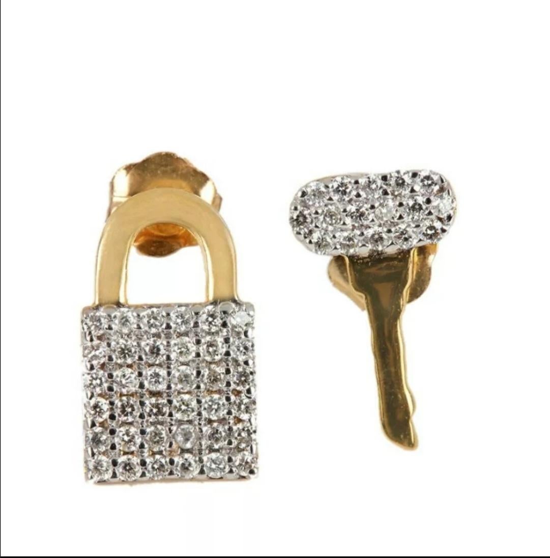 Lock key stud earring 14K yellow gold diamond ear stud fine luxury jewelry gift For Sale 9