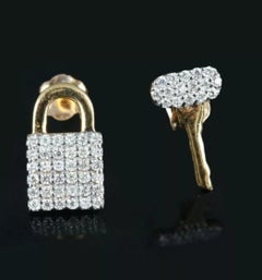 Lock key stud earring 14K yellow gold diamond ear stud fine luxury jewelry gift