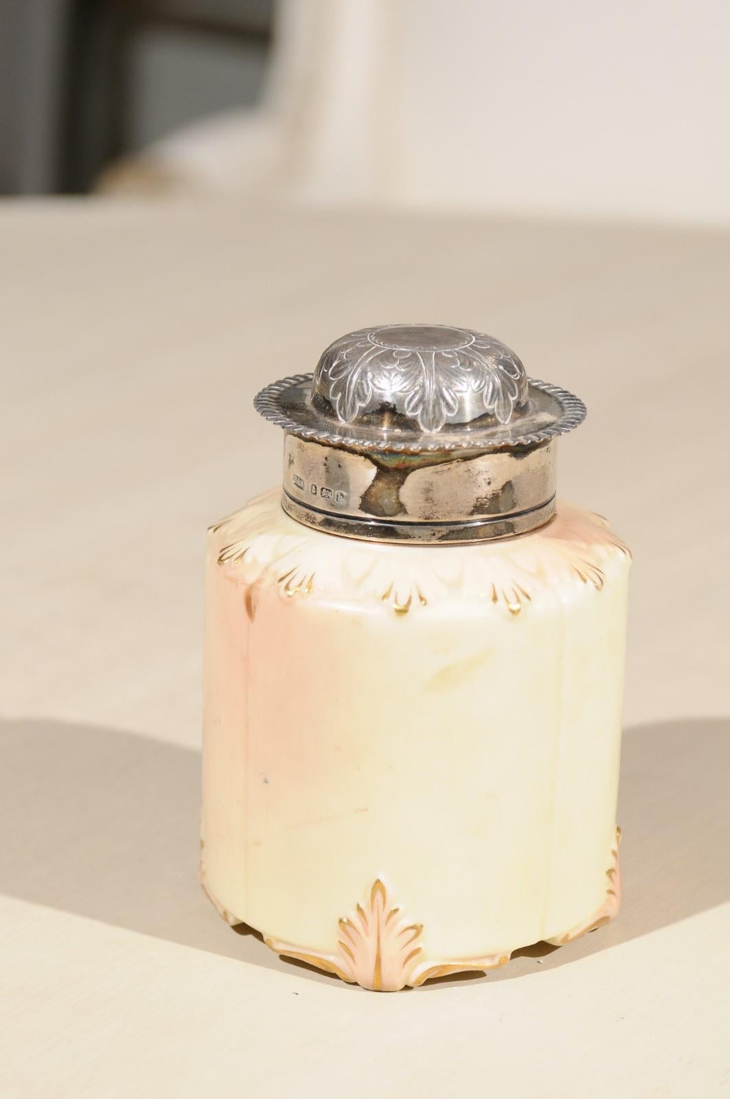 Late Victorian Locke & Co Worcester Porcelain Toiletry Jar with Silver Top, Turn of the Century