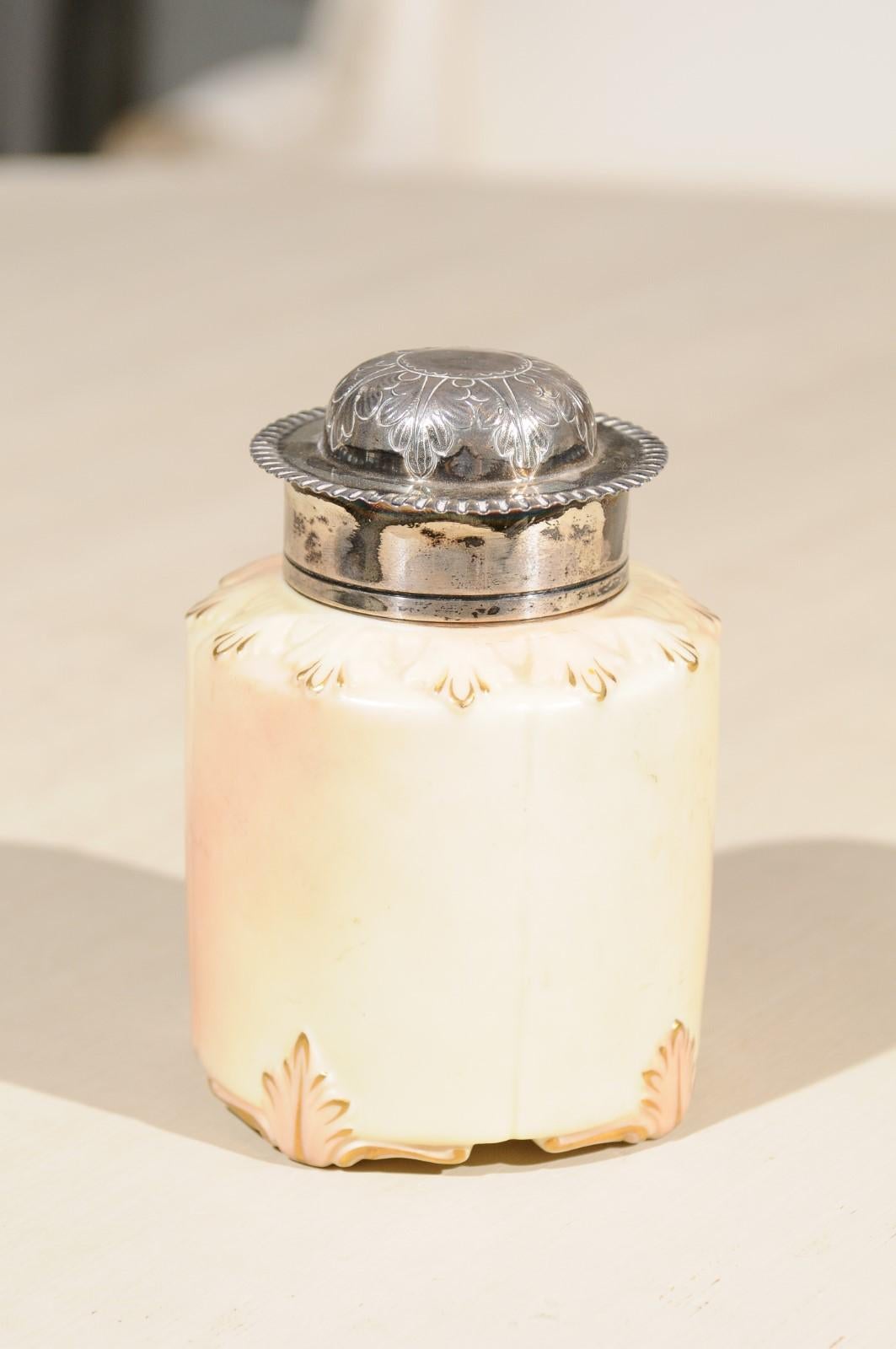 English Locke & Co Worcester Porcelain Toiletry Jar with Silver Top, Turn of the Century