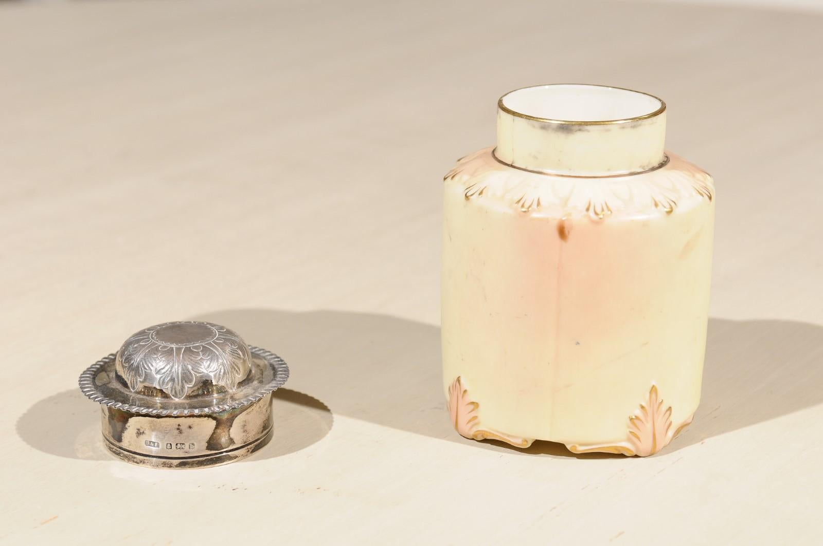 20th Century Locke & Co Worcester Porcelain Toiletry Jar with Silver Top, Turn of the Century