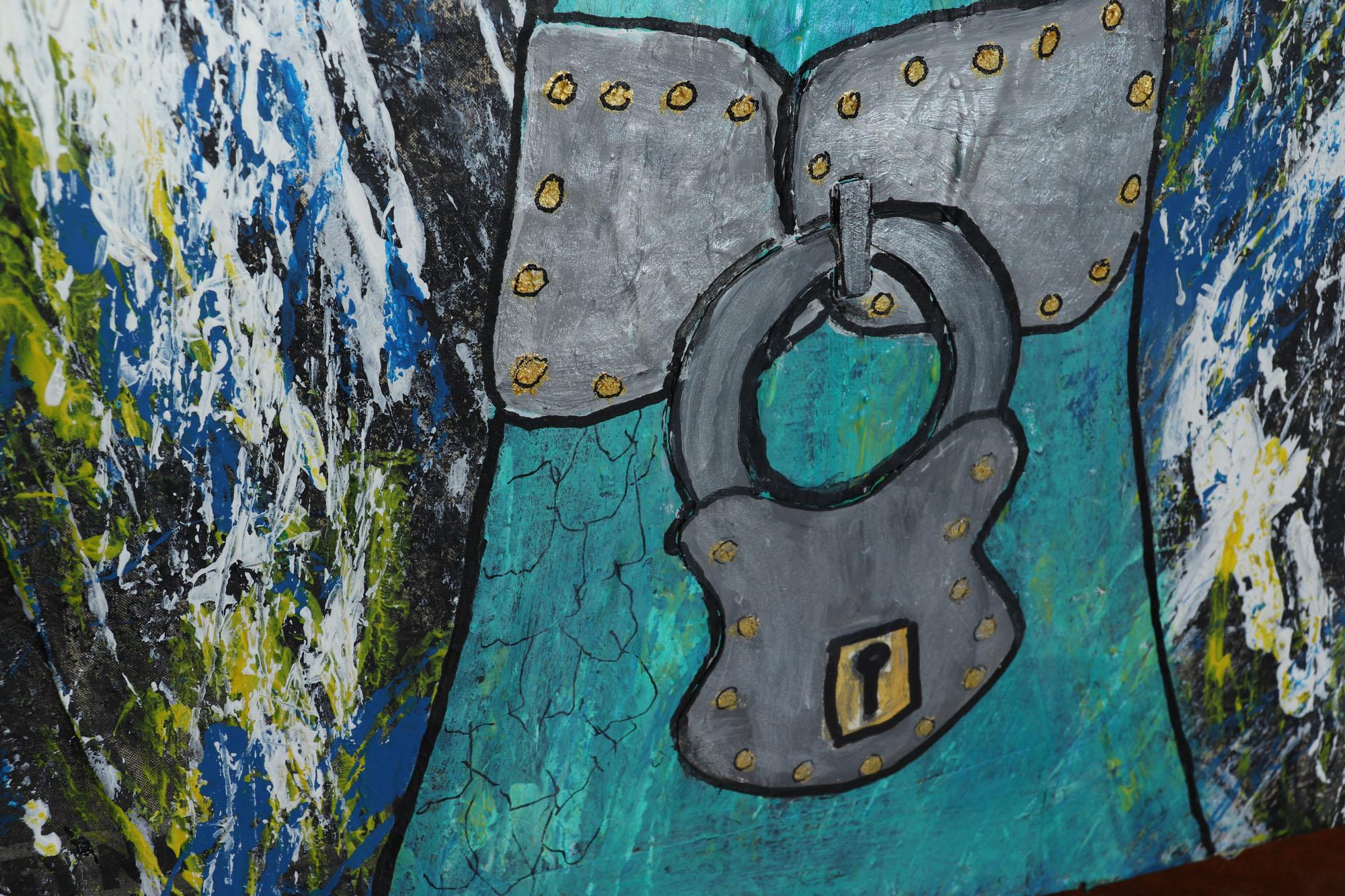 European Locked Away mixed media on Canvass by Terry Thomas For Sale