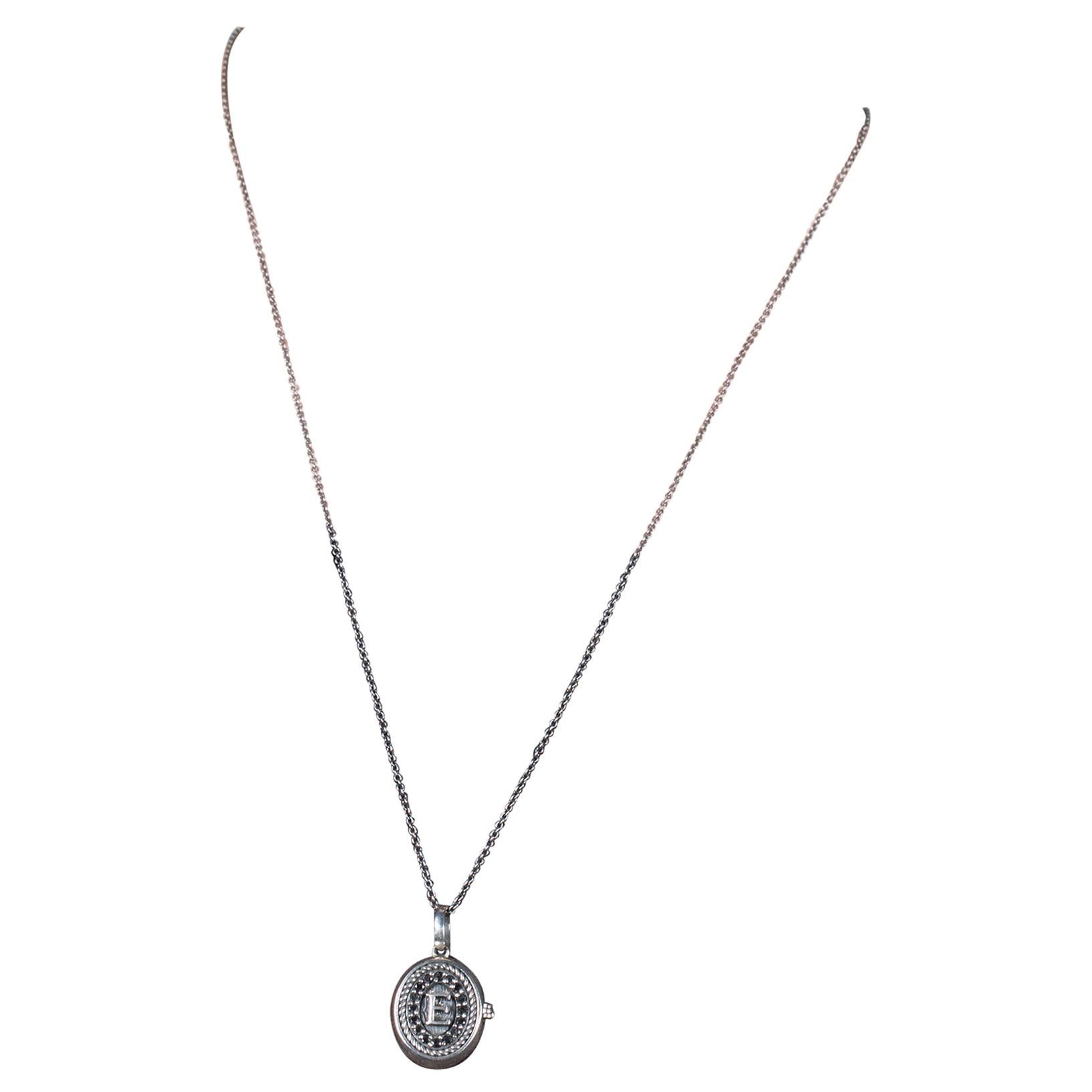 Locket Necklace with Initials in Silver and Black Diamond Pavé For Sale