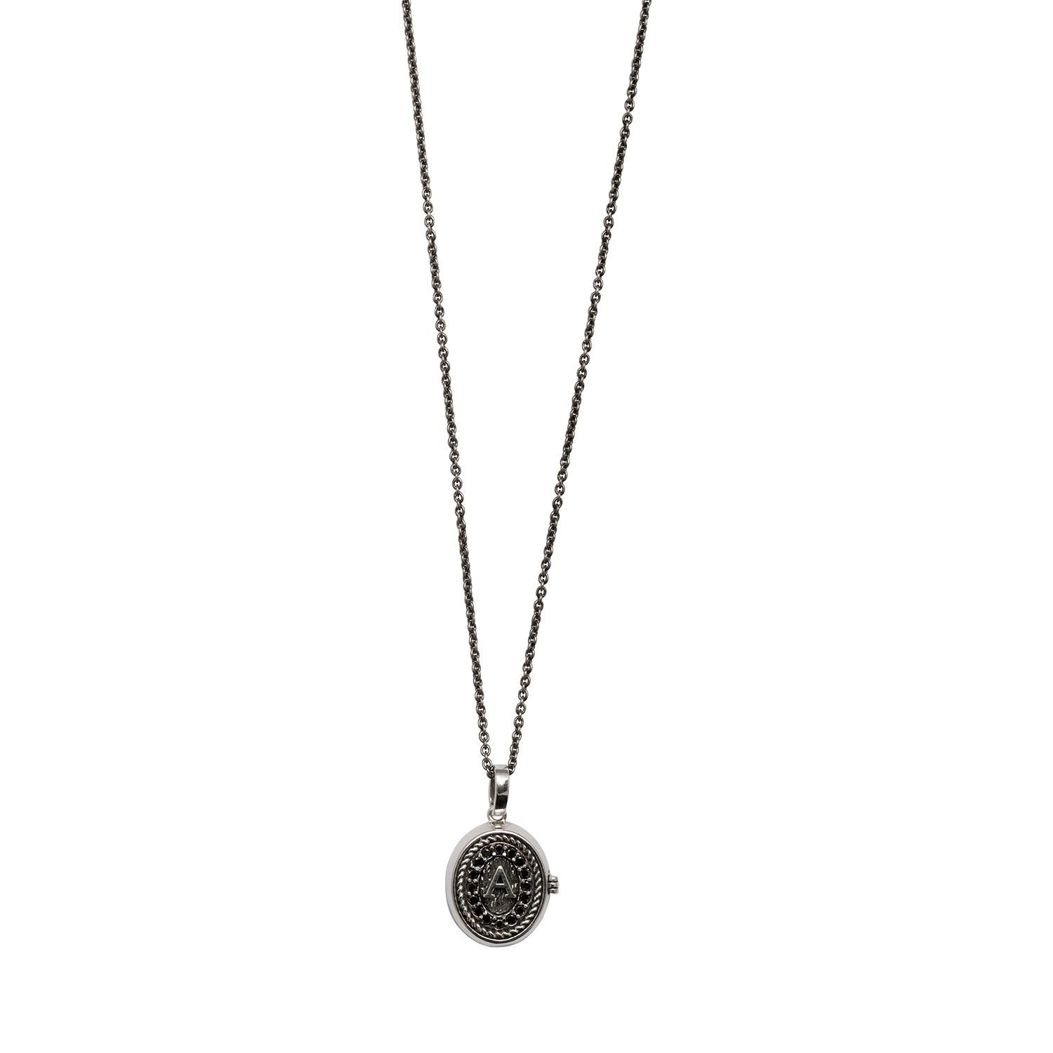 Contemporary Locket Necklace with Initials in Silver and Black Diamond Pavé from Iosselliani For Sale
