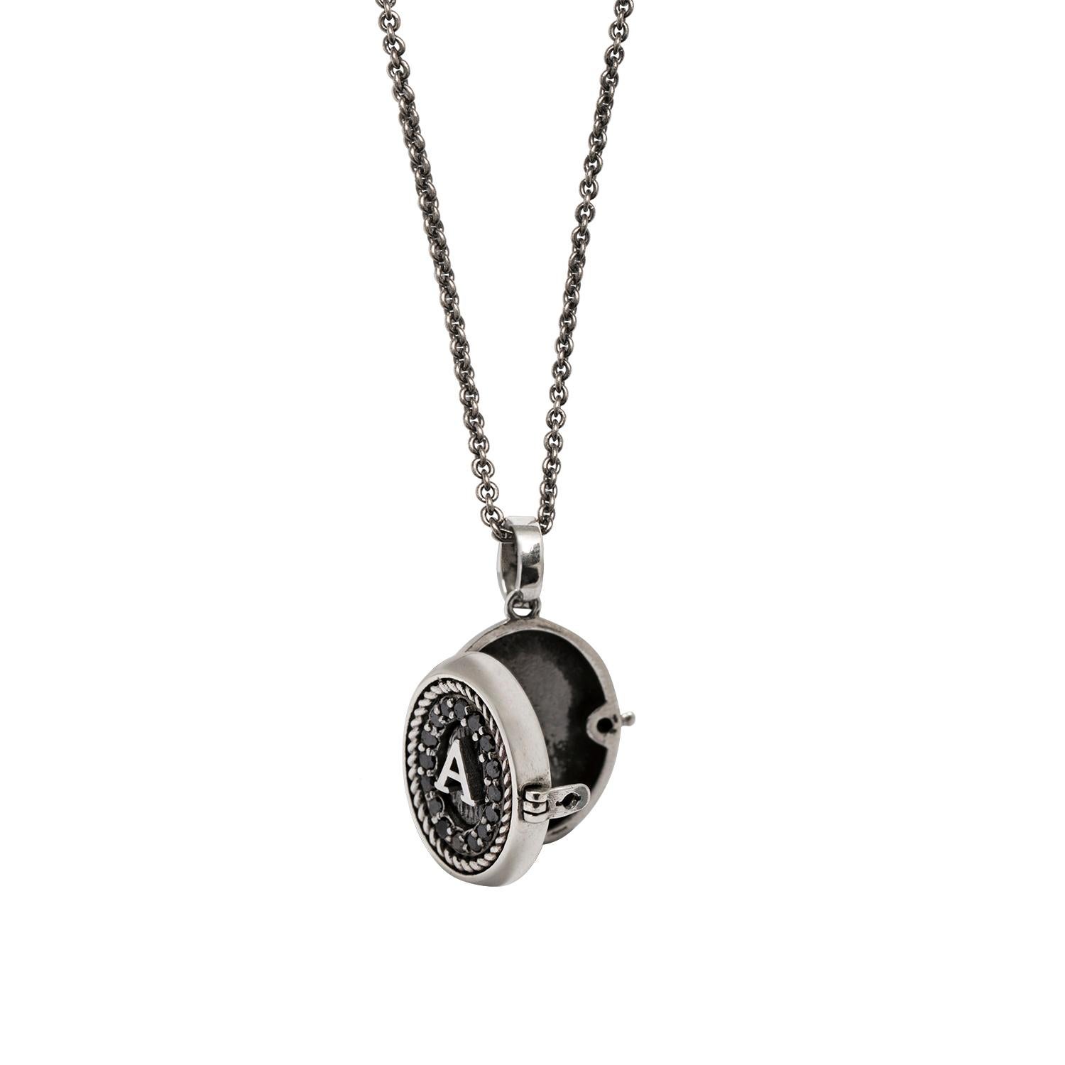 Round Cut Locket Necklace with Initials in Silver and Black Diamond Pavé from Iosselliani For Sale