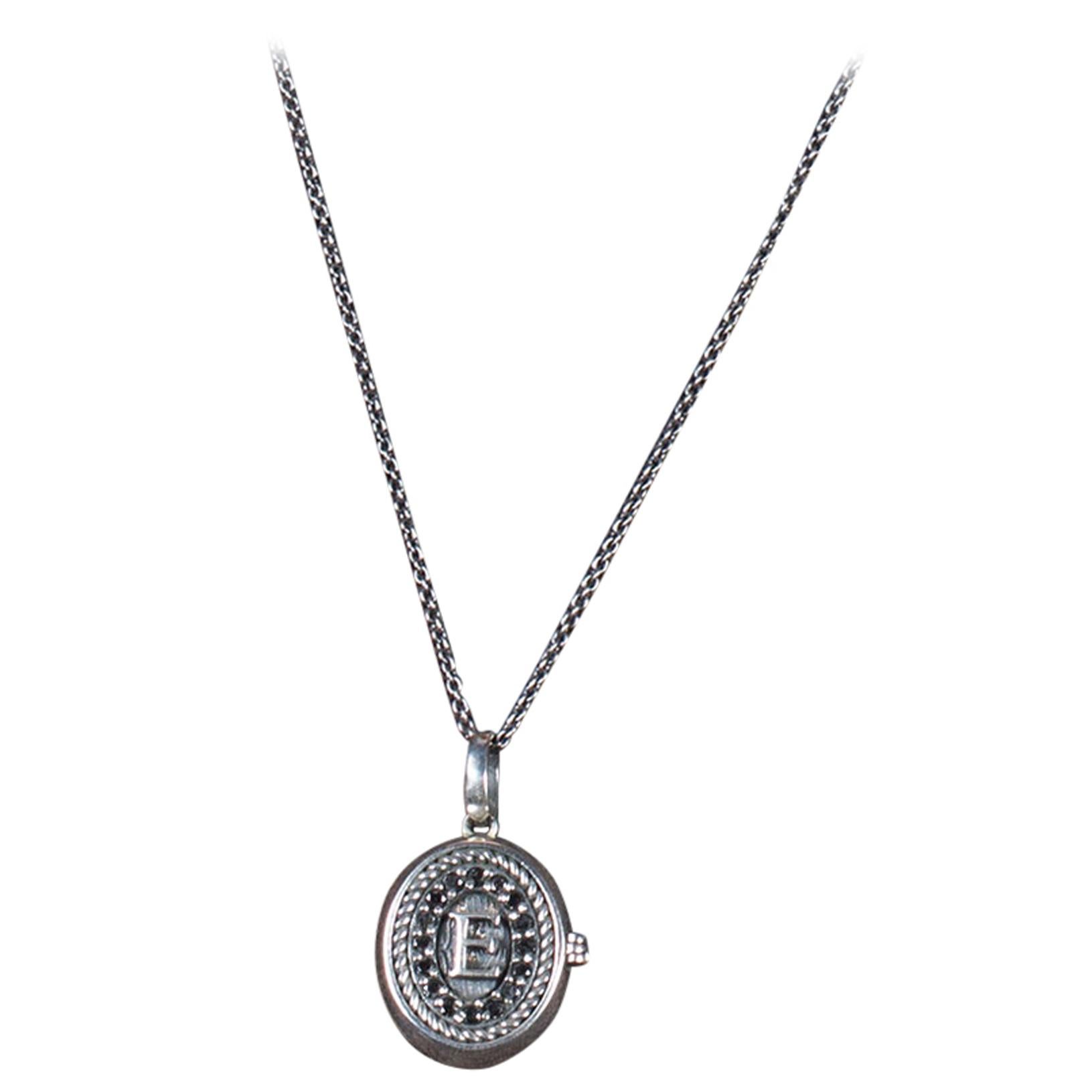 Locket Necklace with Initials in Silver and Black Diamond Pavé from Iosselliani For Sale