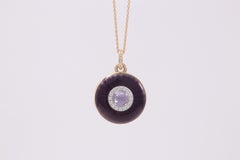 Locket Pendant Necklace 18k Yellow/White Gold Purple Enamel 37 Diamonds Amethyst