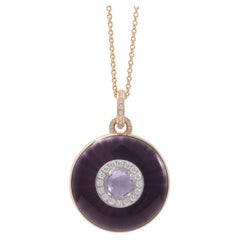 Locket Pendant Necklace 18k Yellow/White Gold Purple Enamel 37 Diamonds Amethyst
