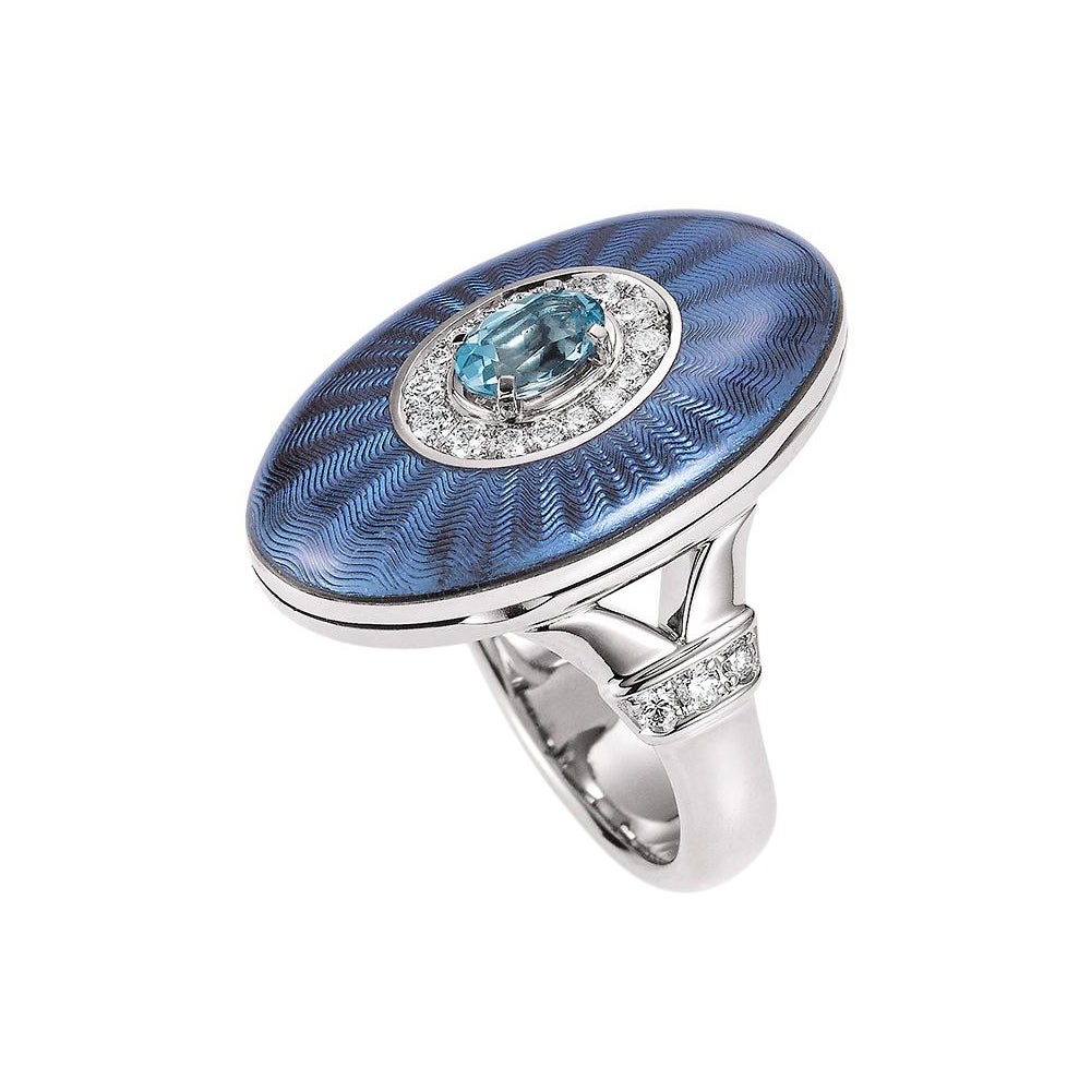 Anello medaglione in smalto blu e oro bianco 18 carati con 22 diamanti e acquamarina ovale in vendita