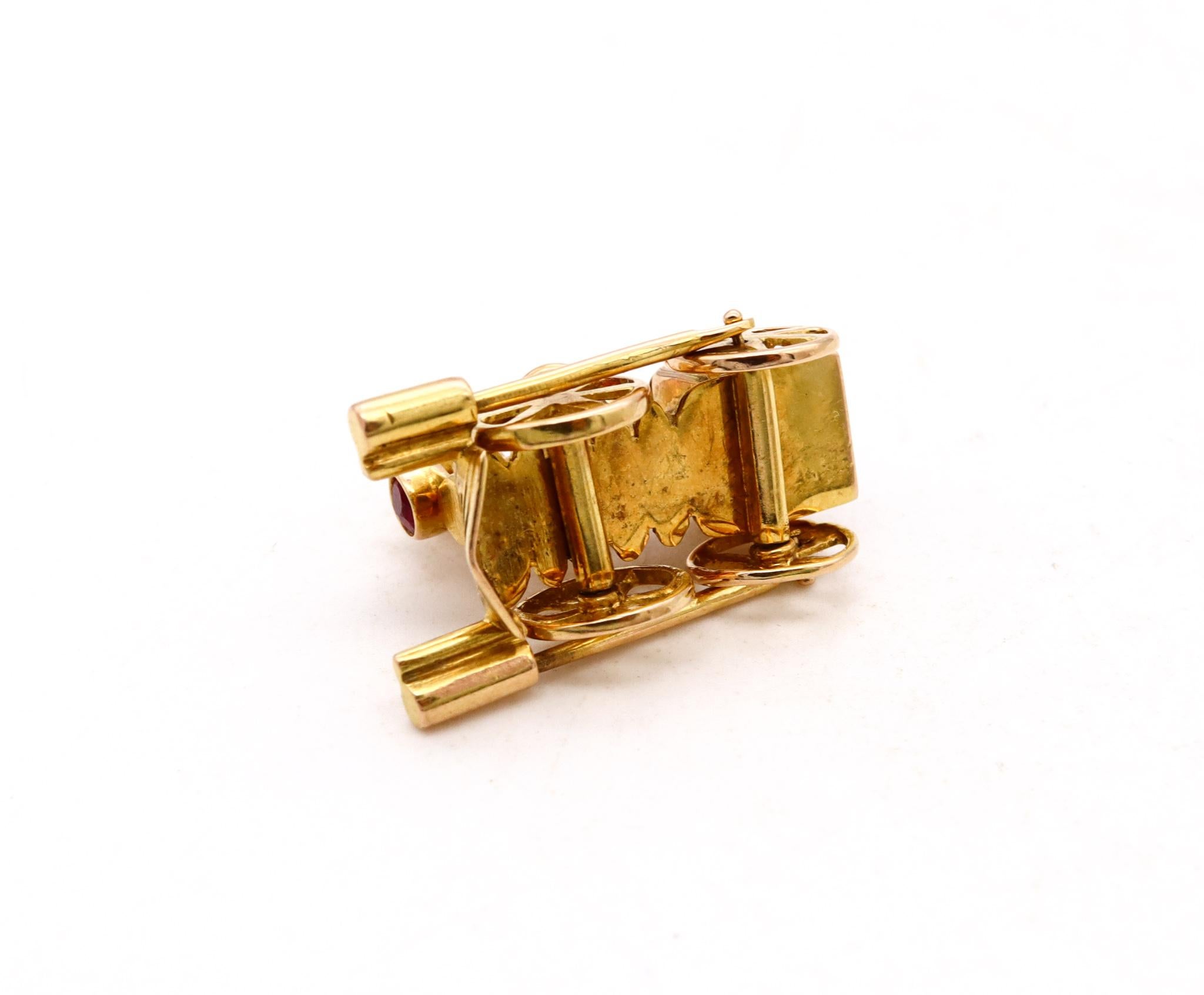 Retro Locomotive Train Charm with Movable Mechanical Parts in Solid 18kt Gold and Ruby For Sale
