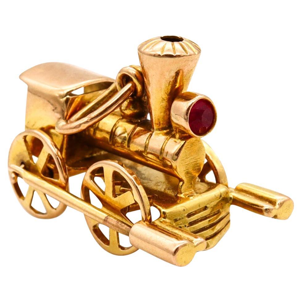 Locomotive Train Charm with Movable Mechanical Parts in Solid 18kt Gold and Ruby For Sale