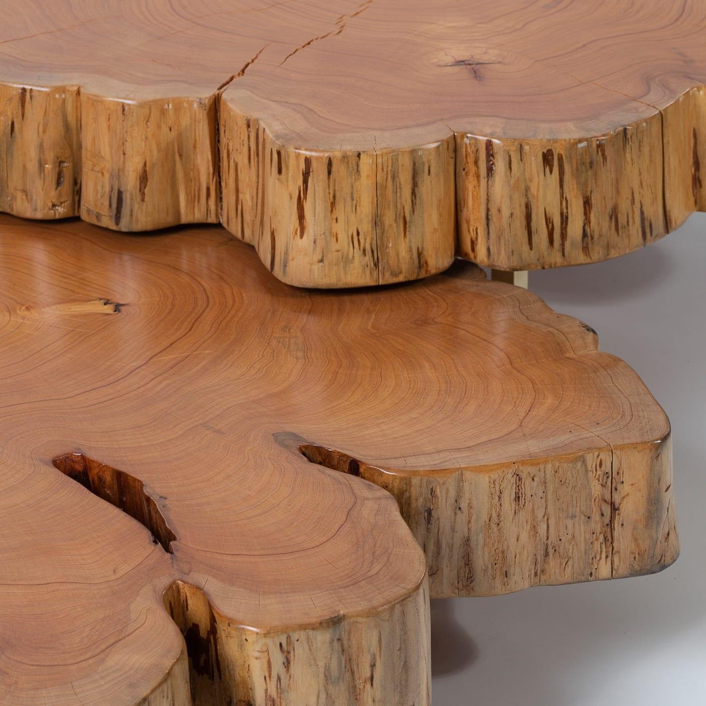 Master artisans at Omnibus Design manage to effortlessly emphasize the natural beauty of organic elements, as the prized, century-old cypress stump used to craft the tabletops of this set of coffee tables. Featuring sinuous profiles recalling flower