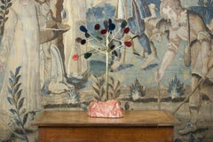 Colorful Leather and Brass Tree on Red Marble Base Abstract Sculpture