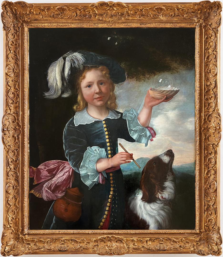 Retrato antiguo holandés del siglo XVII de un niño con su perro -  La edad de oro holandesa - Painting Antiguos maestros de Lodewijk Van Der Helst