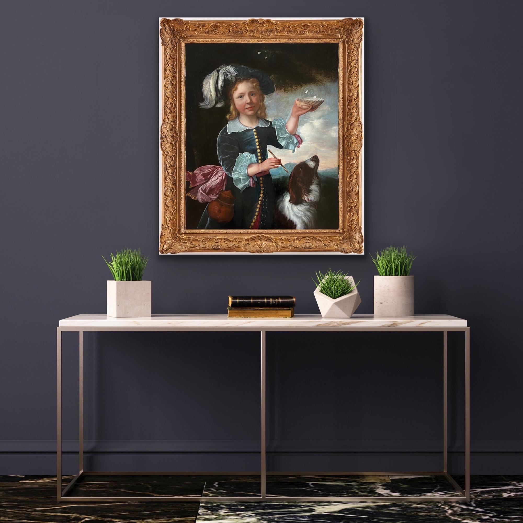 Retrato antiguo holandés del siglo XVII de un niño con su perro -  La edad de oro holandesa 3