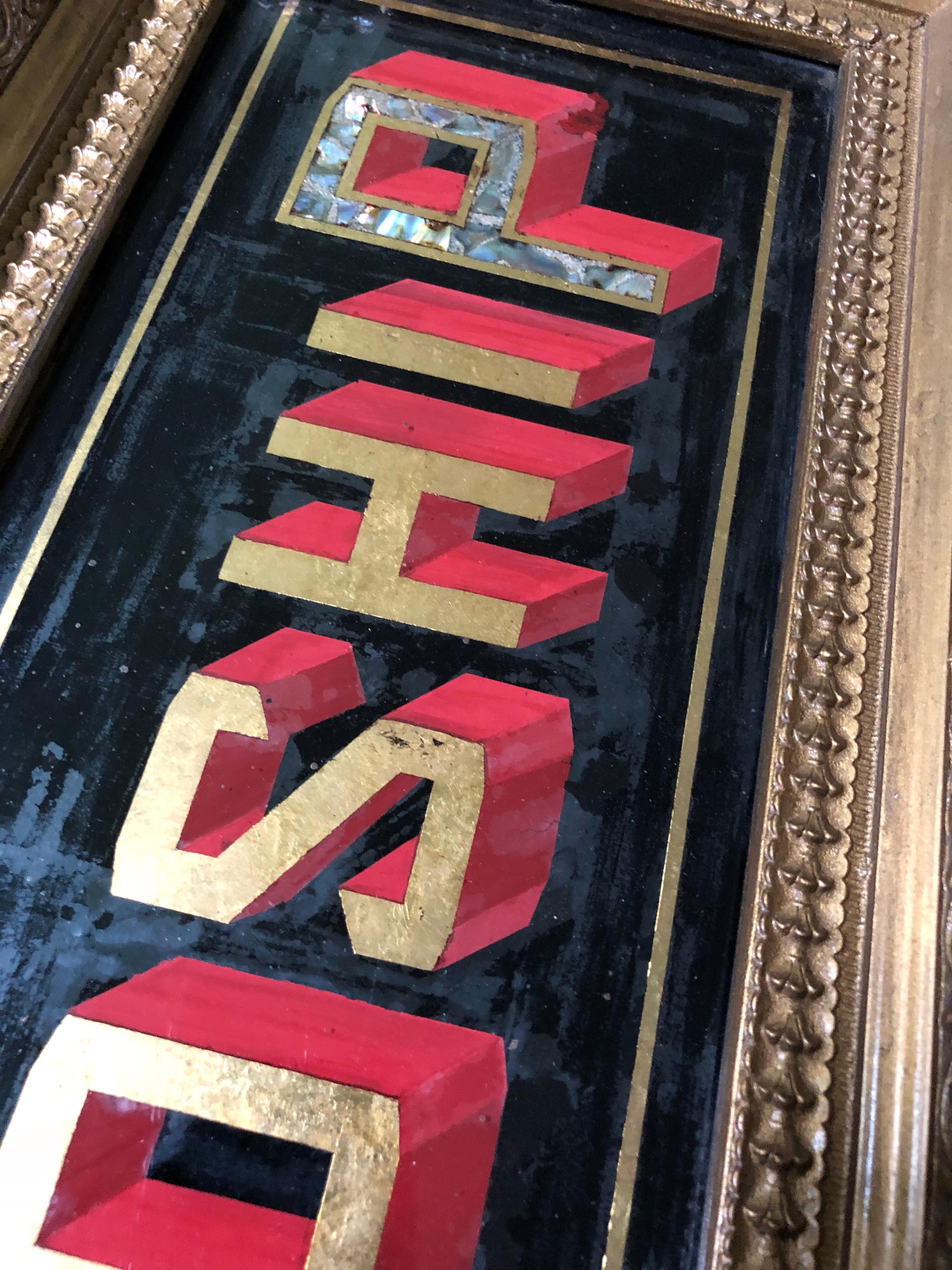 Reverse painted on glass sign from a lodge, possibly Oddfellows. Dates to circa 1870 and in overall very good condition, no noticeable breaks or cracks.