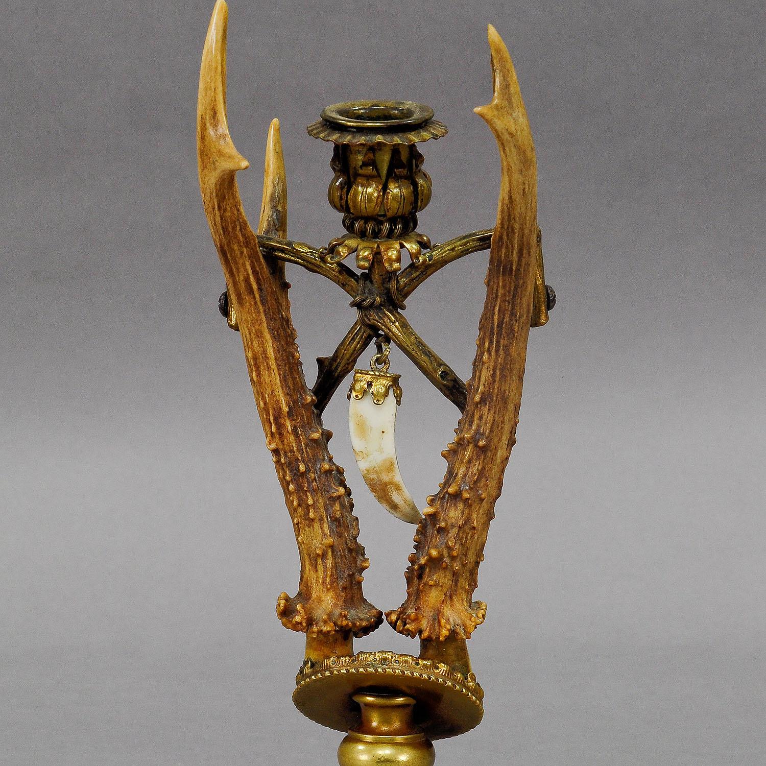 Rustic Lodge Style Antler Candleholder with Handforged Brass Base, circa 1880 For Sale