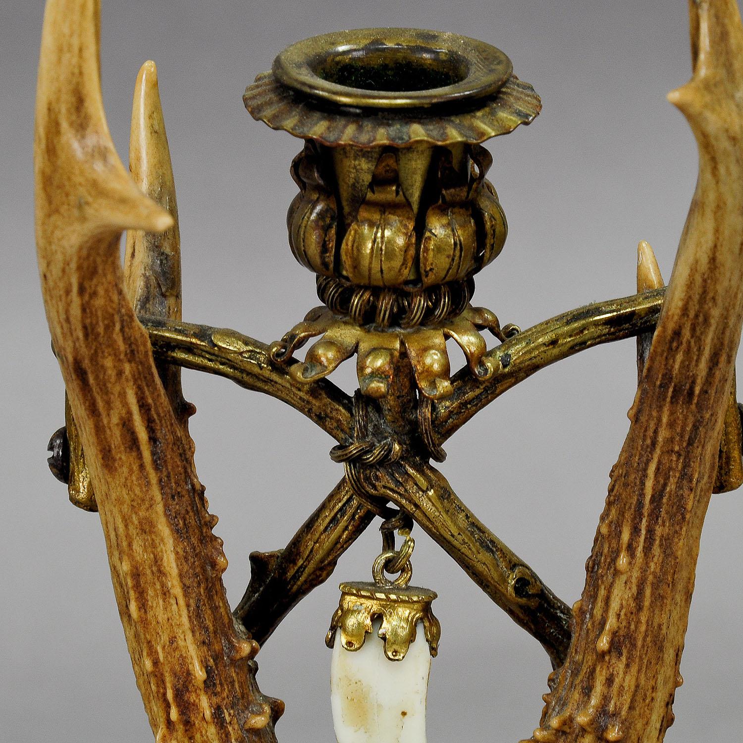 German Lodge Style Antler Candleholder with Handforged Brass Base, circa 1880 For Sale