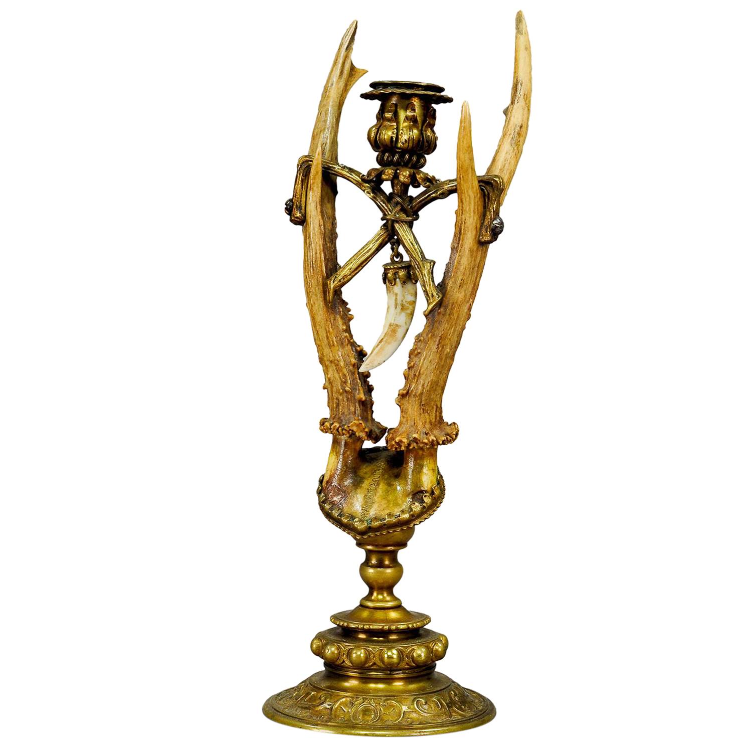 Lodge Style Antler Candleholder with Handforged Brass Base, circa 1880 For Sale