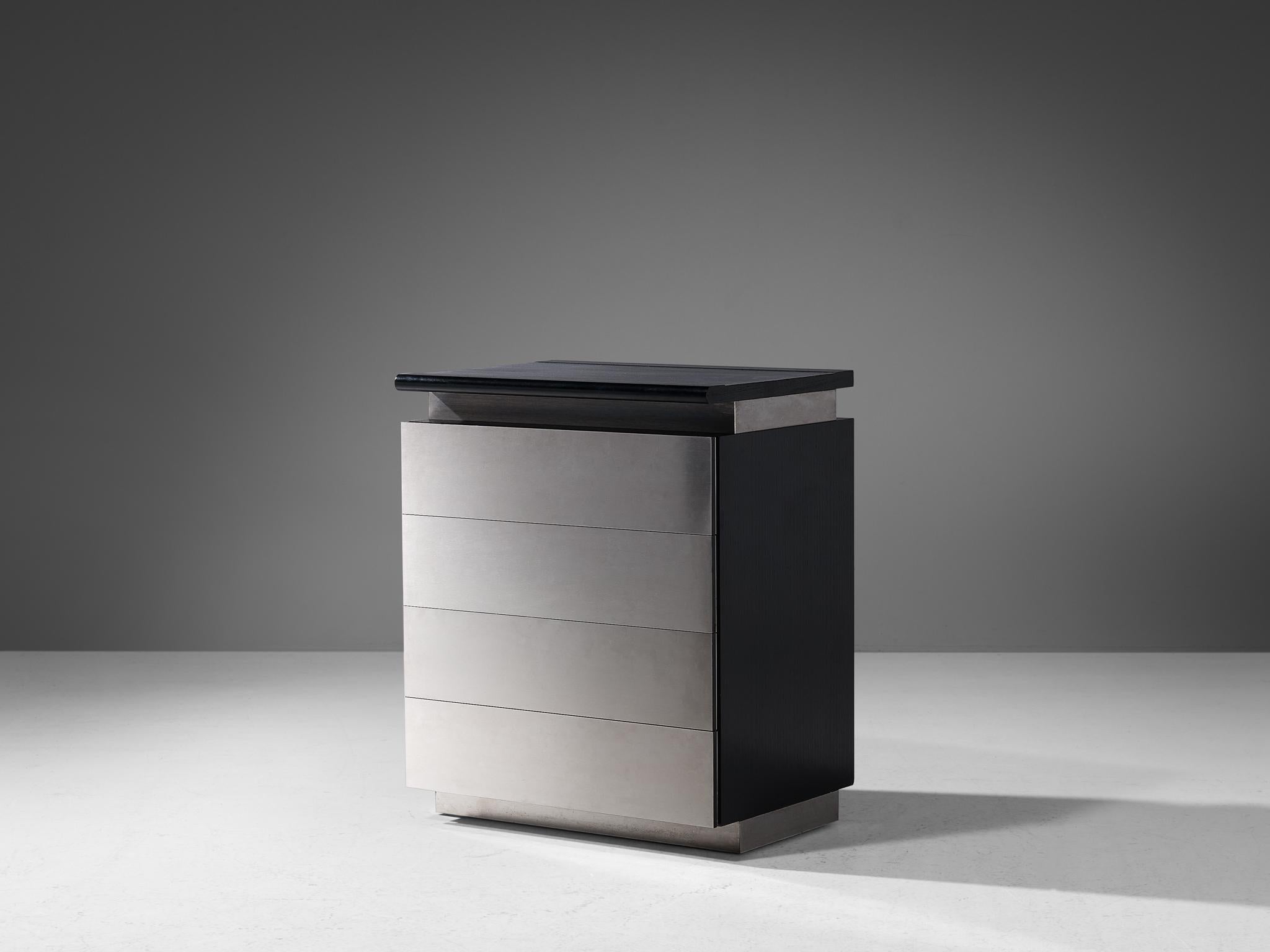 Lodovico Acerbis for Acerbis, chest of drawers, lacquered oak, brushed aluminum, Italy, 1970s

This sleek and modern chest of drawers in stainless steel and lacquered oak is designed by Lodocivo Acerbis for Acerbis in the 1970s. This cabinet has