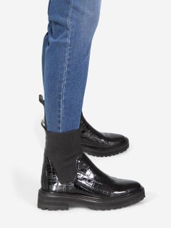 Loeffler Randall Black Croc Embossed Patent Boots Size US 7