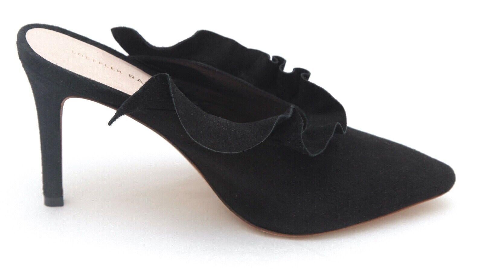 GUARANTEED AUTHENTIC LOEFFLER RANDALL BLACK SUEDE MULES

Design:
- Black suede uppers.
- Ruffles around opening.
- Pointed toe.
- Self-covered heel.
- Leather insole and sole.
- Packaged carefully, dust bag not available.

Size: 7.5B

Measurements