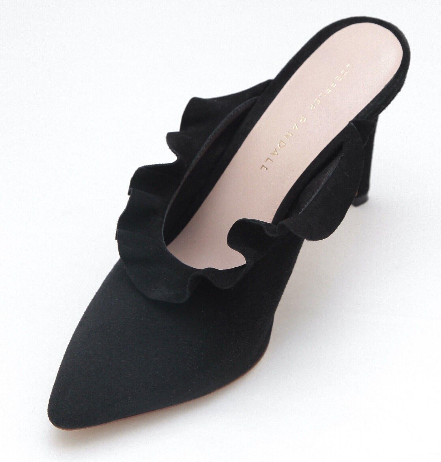 Women's LOEFFLER RANDALL Black Suede Mule Pump Leather Heel Shoe Pointed Toe Ruffle 7.5B