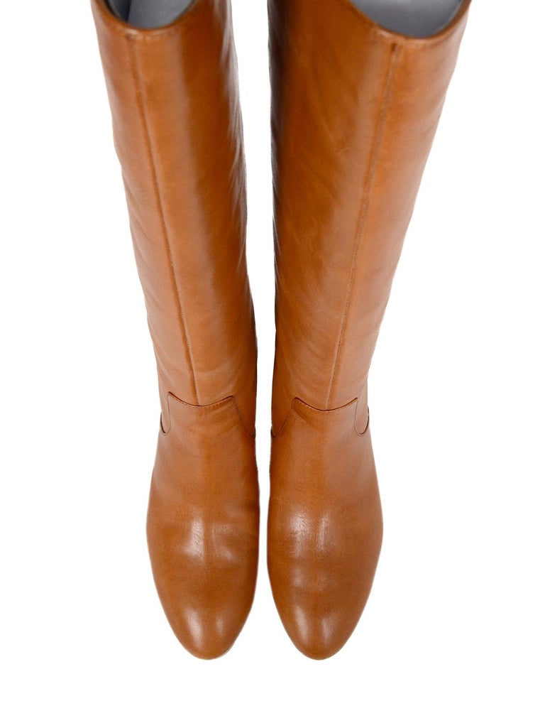 Loeffler Randall NEW Cognac Leather Gia Knee High Mid Heel Boots Sz 8