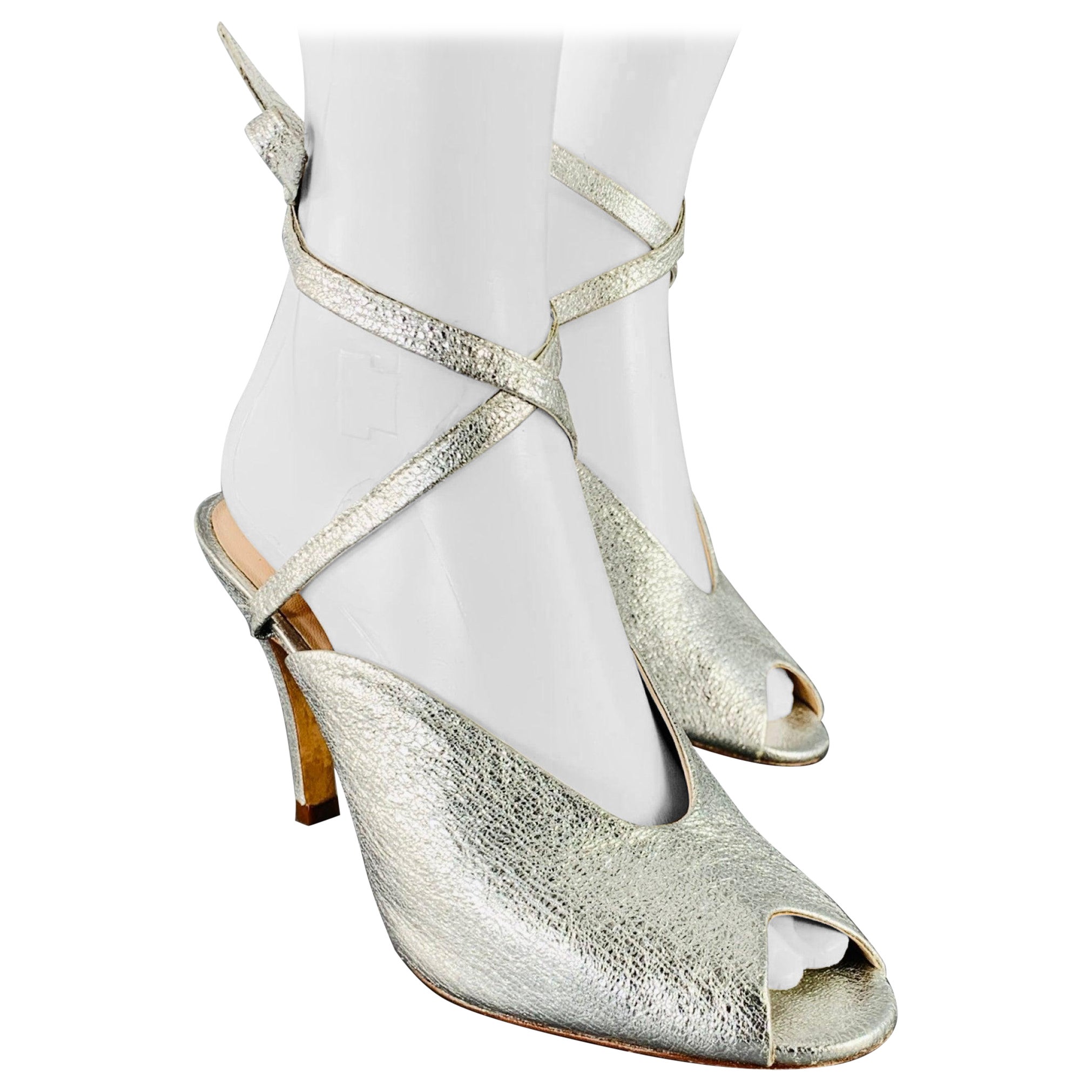 LOEFFLER RANDALL Size 8 Metallic Silver Crinkled Leather Ankle Strap Pumps For Sale