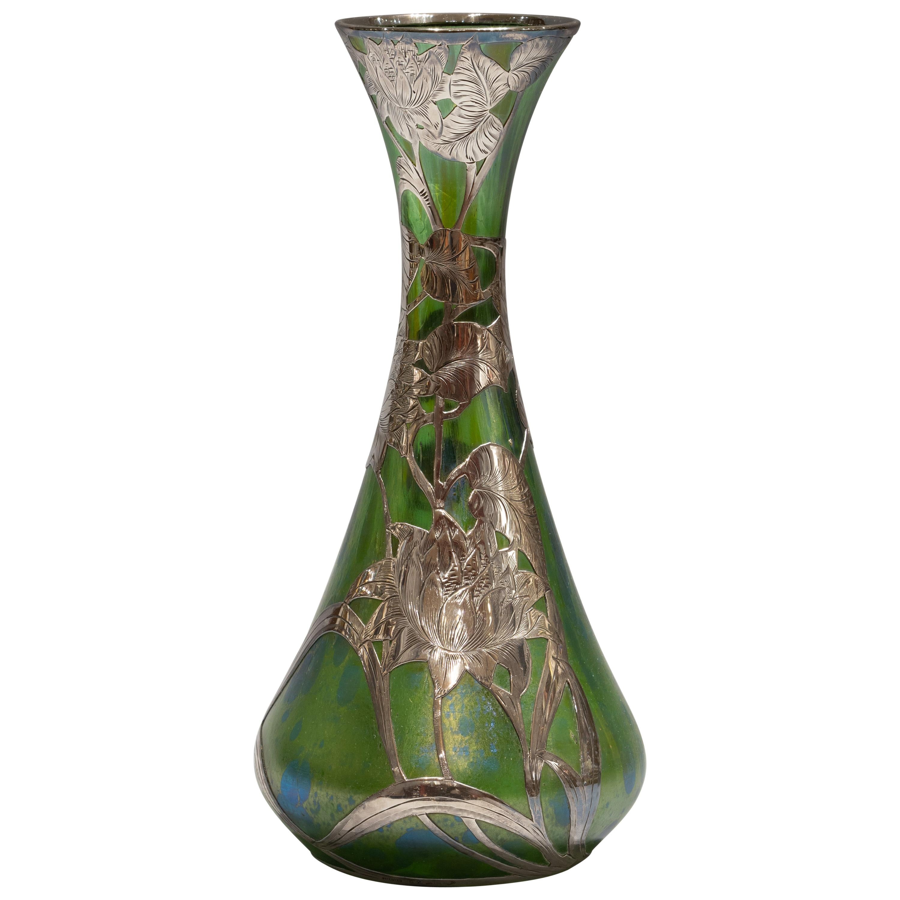 Loetz Alvin Silver Overlay Glass Vase, circa 1900 For Sale