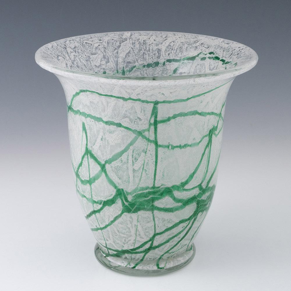 Heading : Loetz Art Deco Schaum glass vase – model 137
Date : c1935
Origin : Austria
Bowl Features : ‘Schaum’ glass (foam) – controlled internal bubbles with green threads throughout
Type : Lead
Size : 19.7cm height, 19.6cm diameter
Condition :
