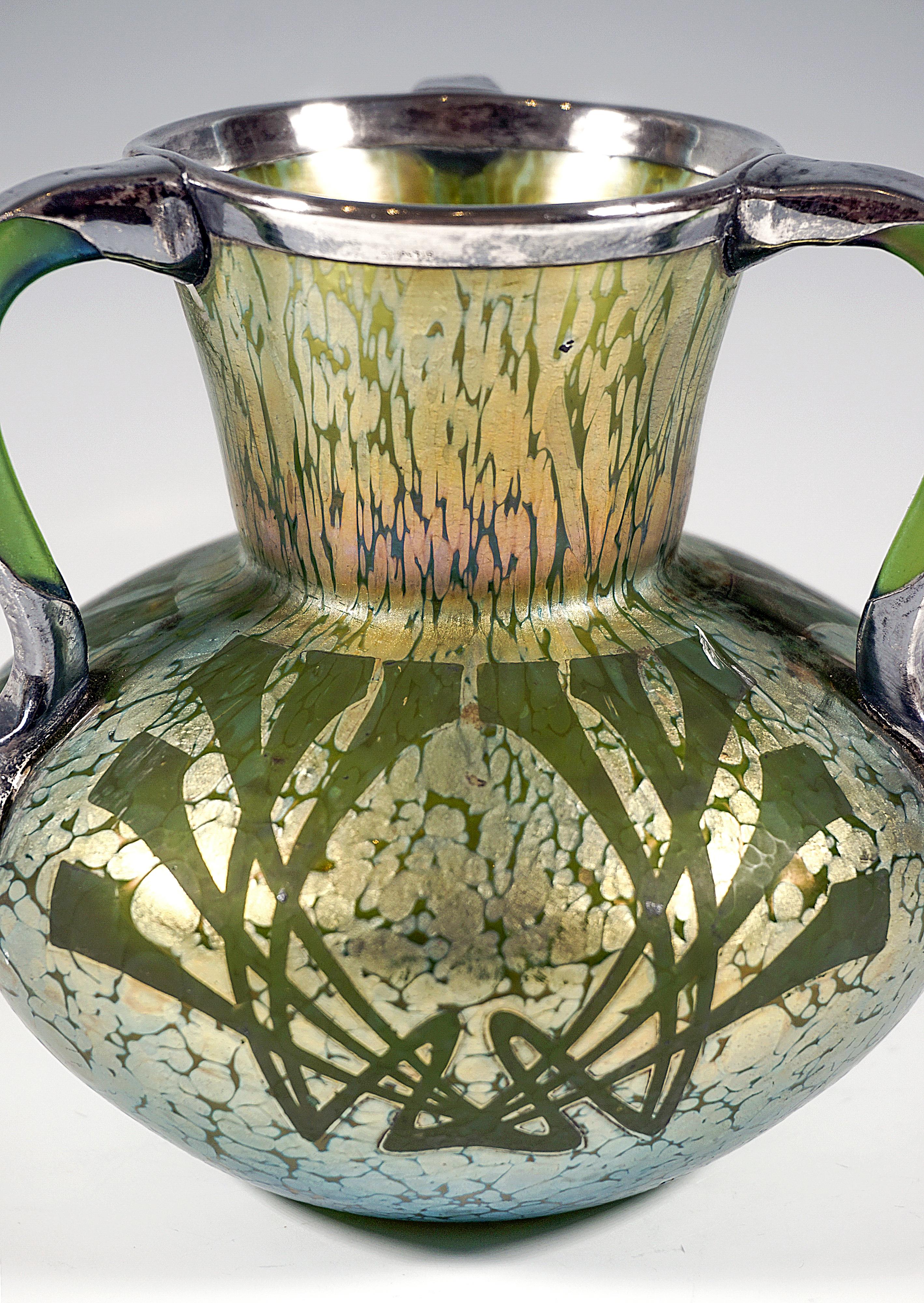 Hand-Crafted Loetz Art Nouveau 3-Handles Vase Decor Crete Papillon, Austria-Hungary, Ca 1898 For Sale