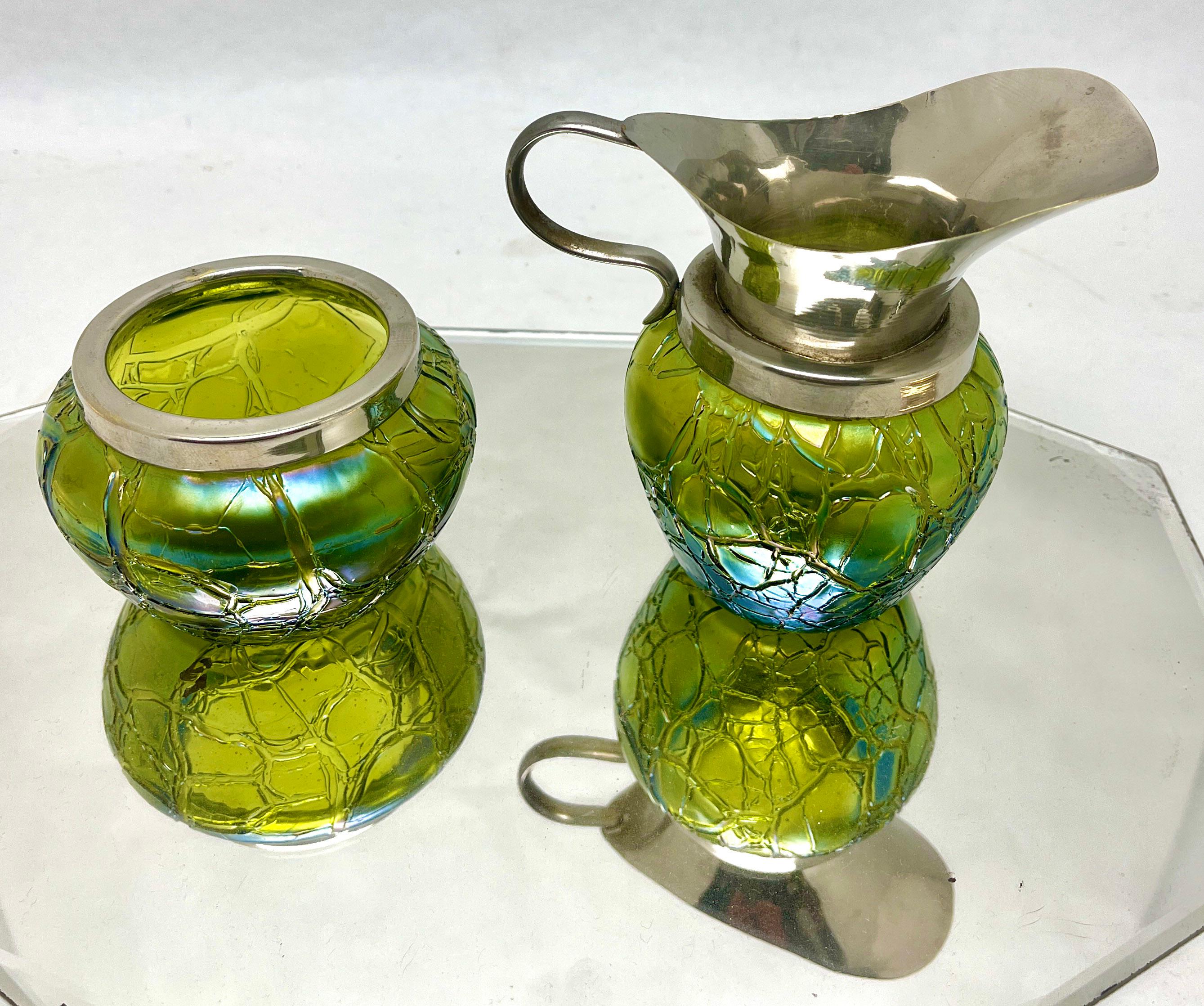 Loetz Art Nouveau Cream Jug and Sugar Bowl with Details of Irradiated Glass For Sale 6
