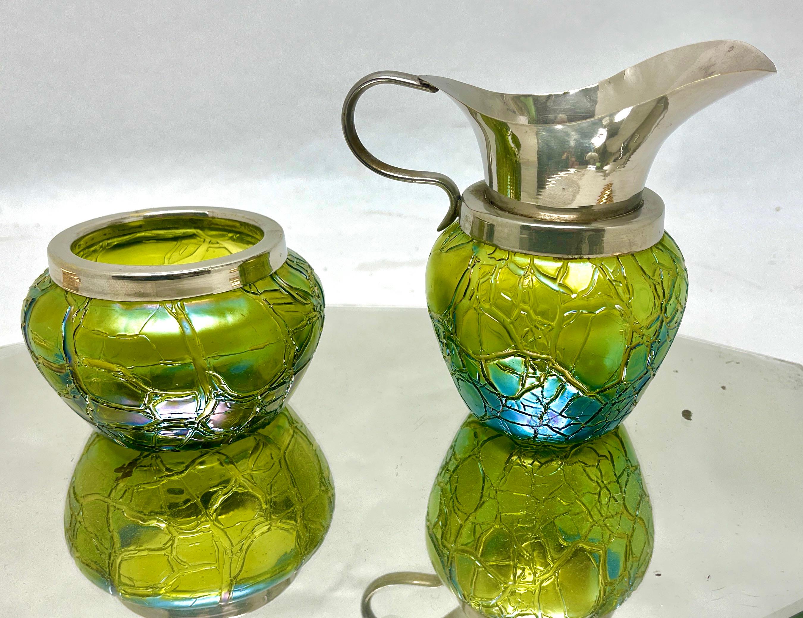 Hand-Crafted Loetz Art Nouveau Cream Jug and Sugar Bowl with Details of Irradiated Glass For Sale