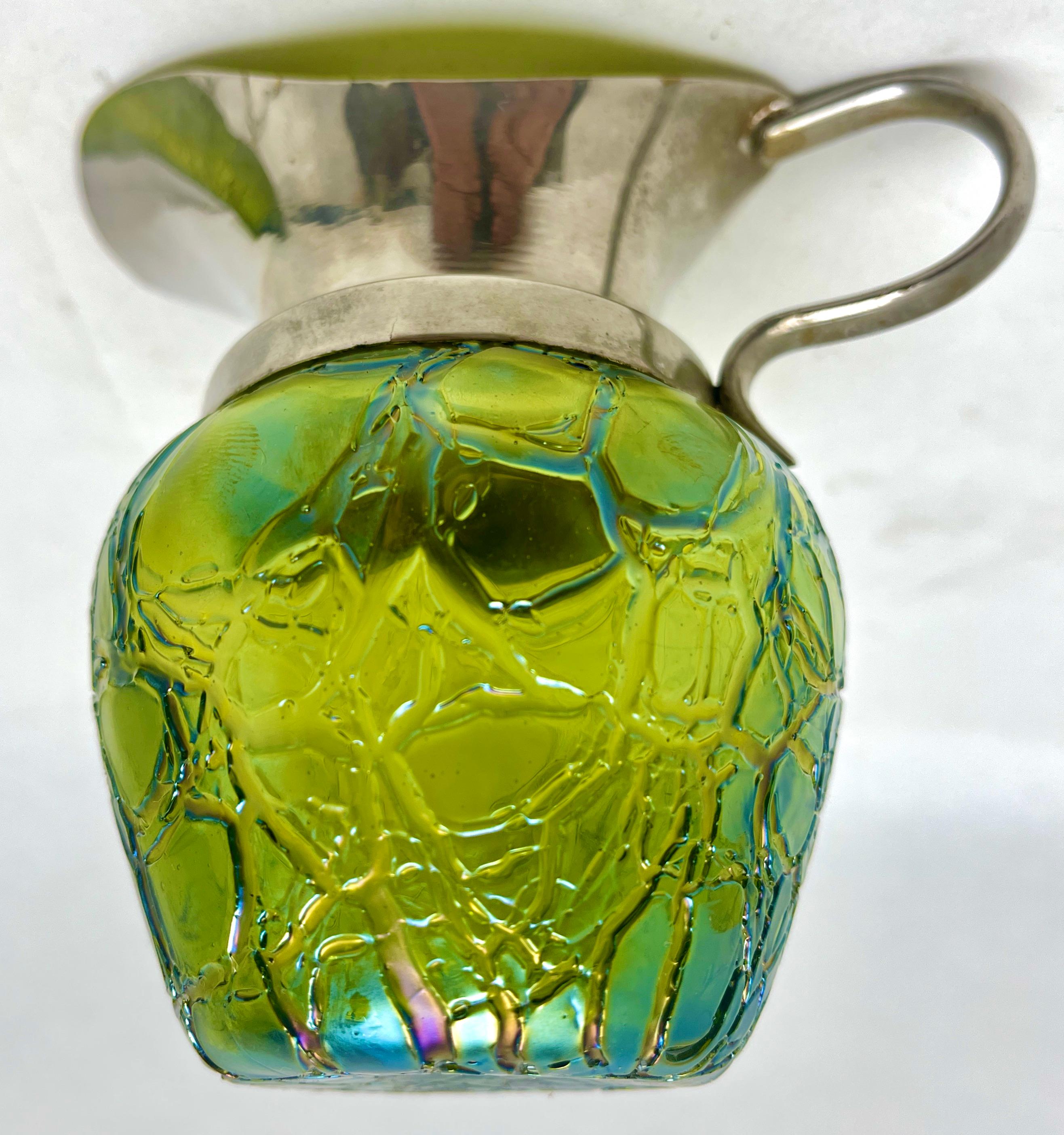 Early 20th Century Loetz Art Nouveau Cream Jug and Sugar Bowl with Details of Irradiated Glass For Sale